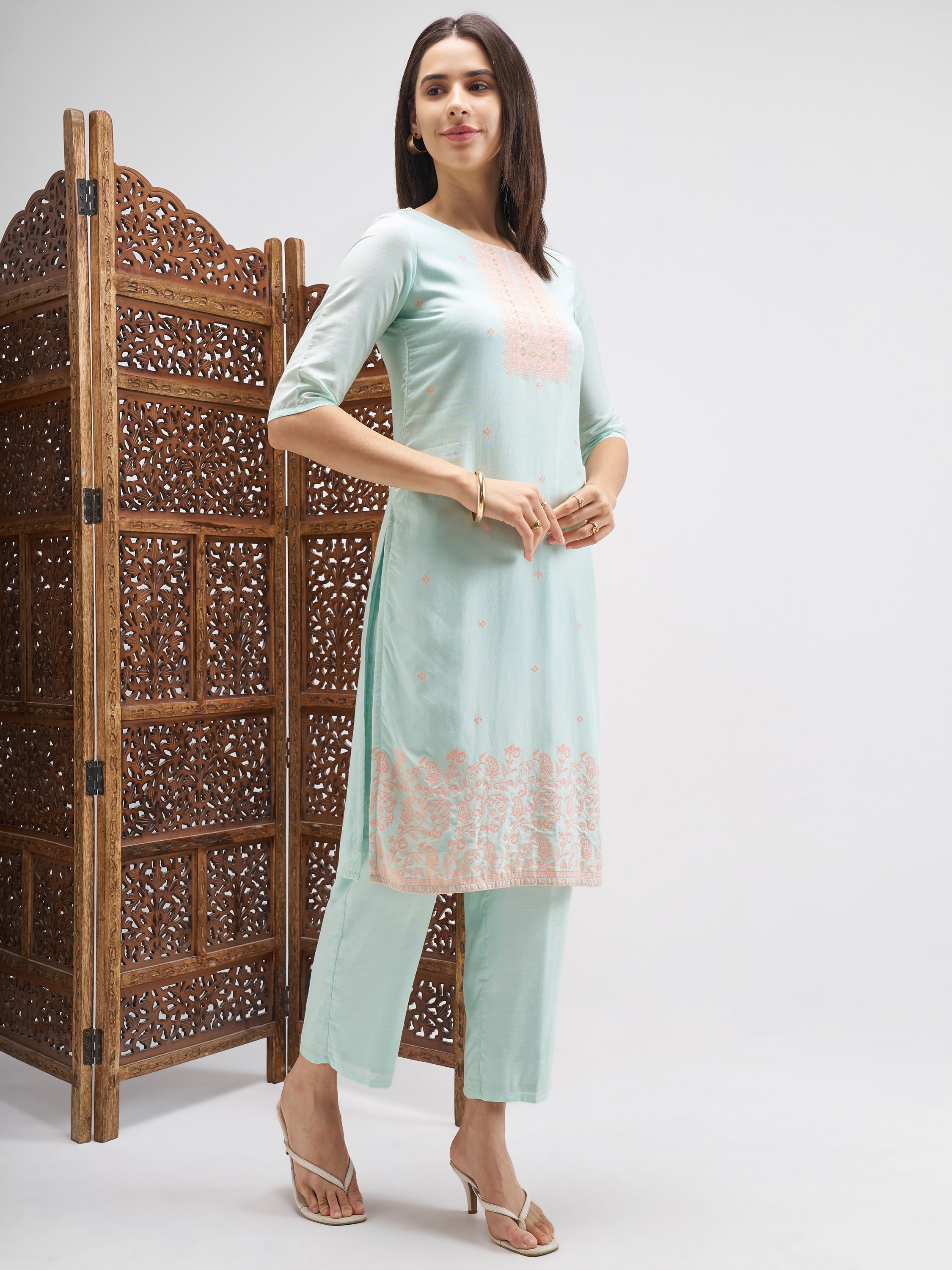 Vishudh Women Blue Embroidered Kurta And Trouser With Dupatta - Blue - Image 4
