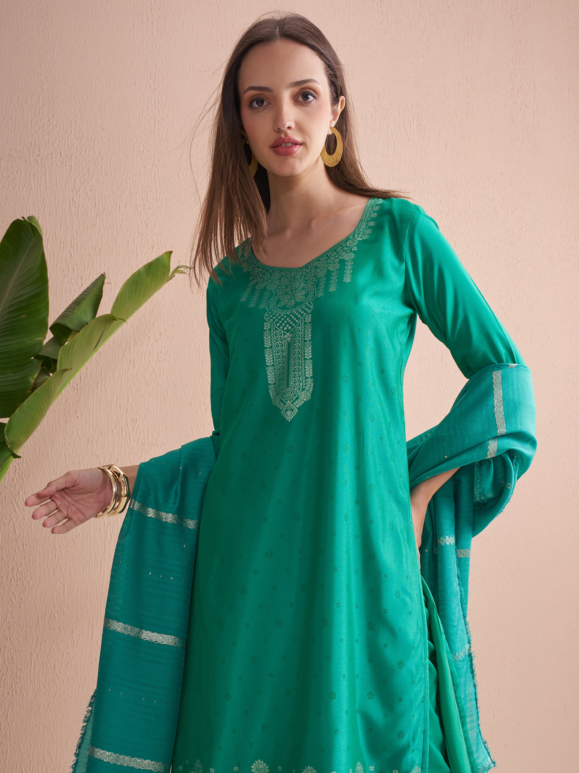 Vishudh Women Green Printed Kurta With Trouser And Dupatta - Green - Image 1