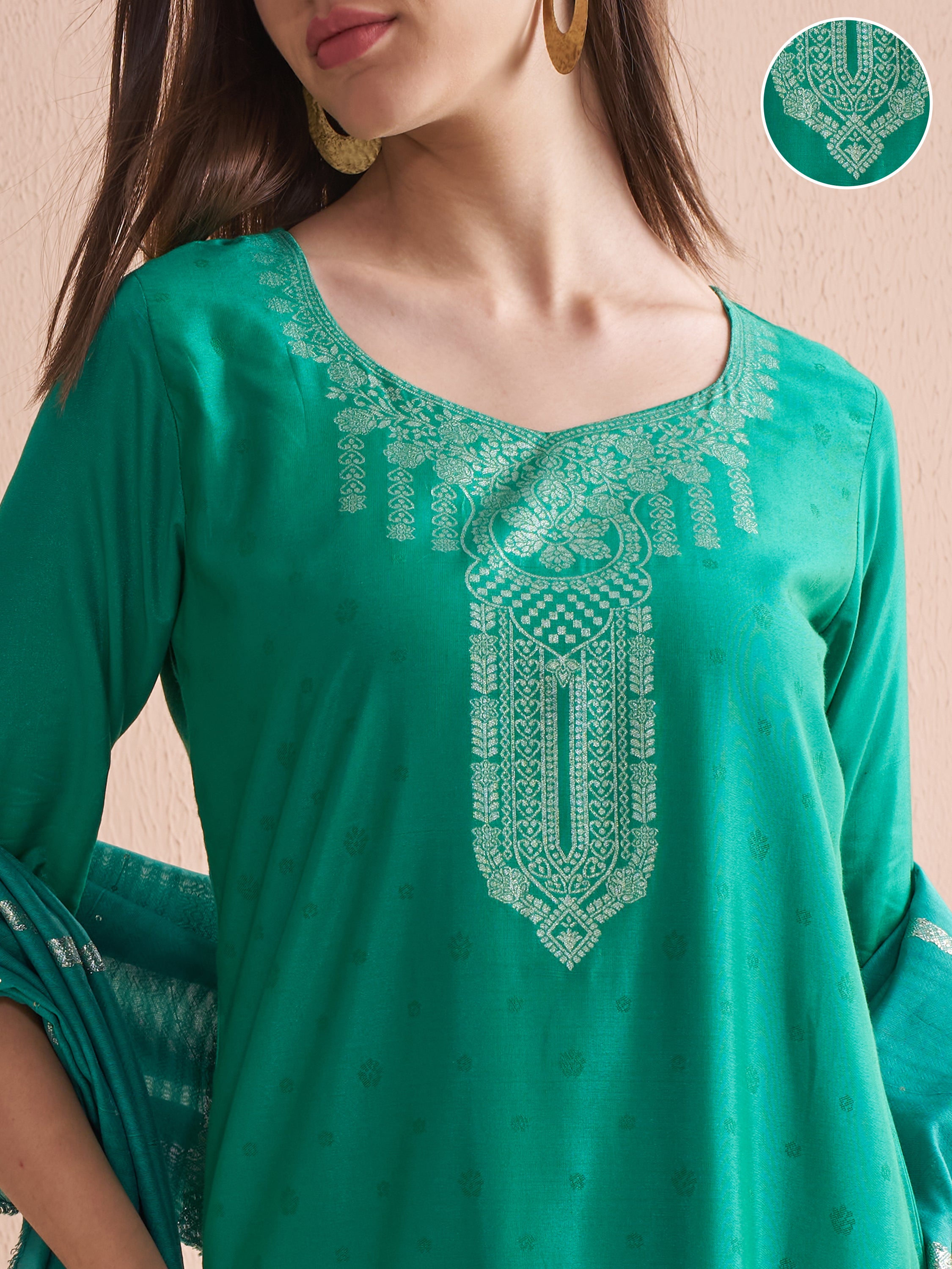 Vishudh Women Green Printed Kurta With Trouser And Dupatta - Green - Image 5