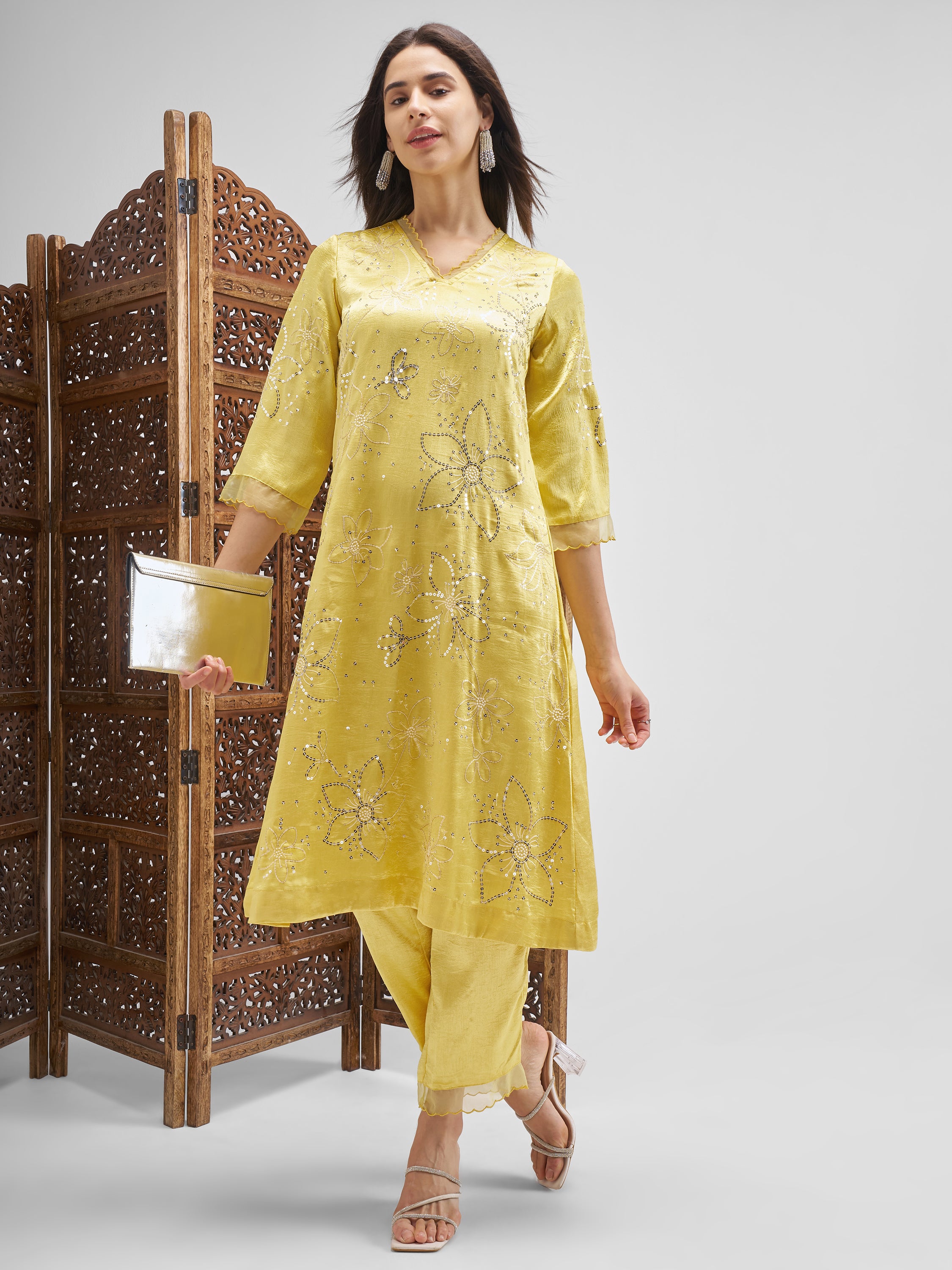 Vishudh Women Yellow Embroidered Kurta And Trouser - Yellow - Image 1