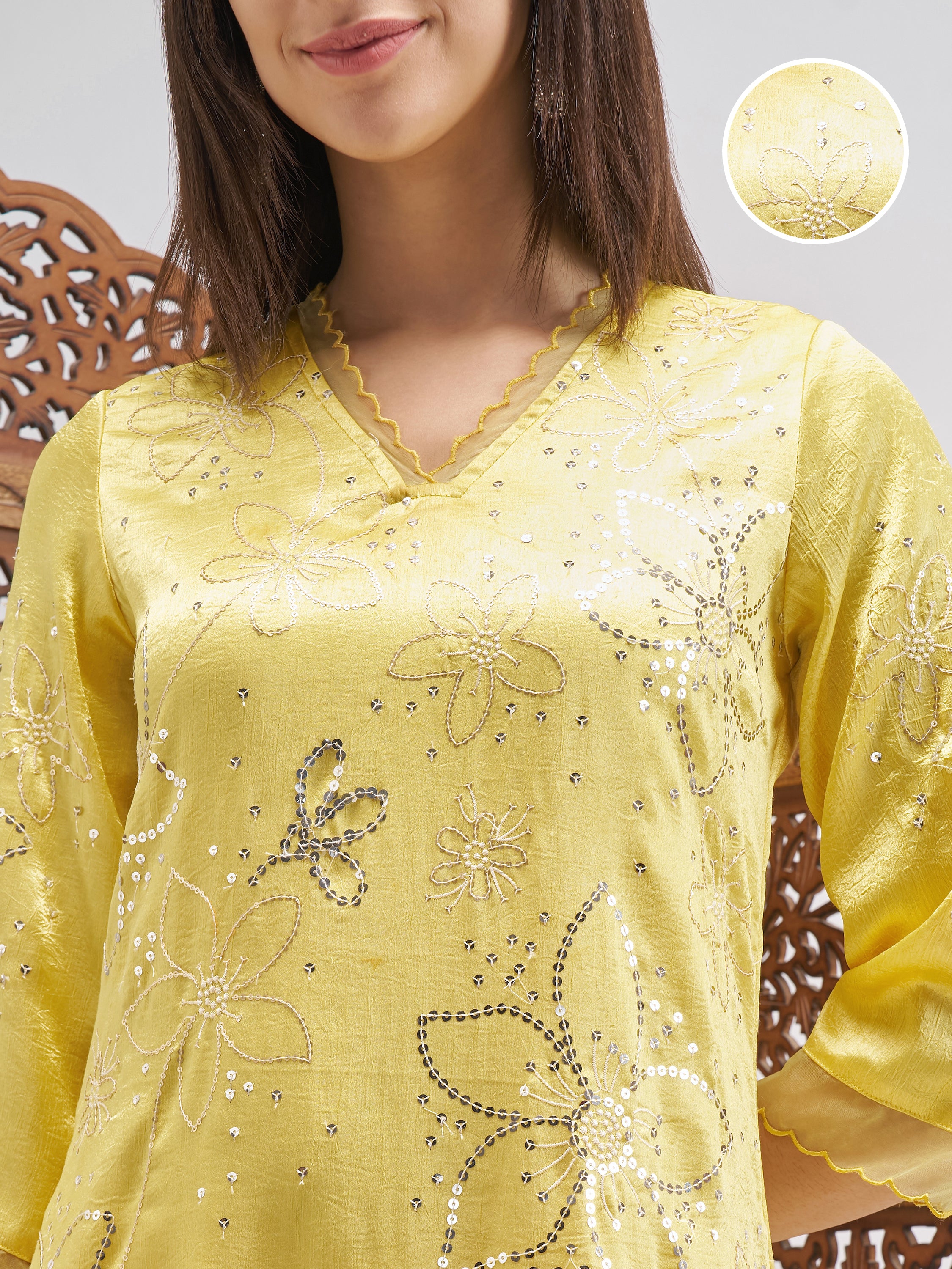 Vishudh Women Yellow Embroidered Kurta And Trouser - Yellow - Image 5