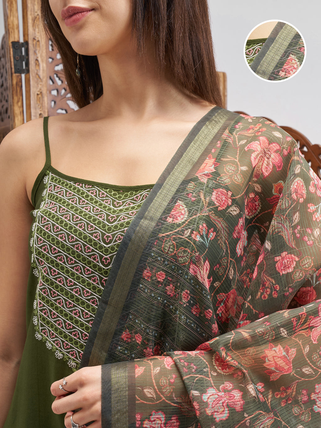 Vishudh Women Green Embroidered Kurta And Trousers With Dupatta - Green - Image 5
