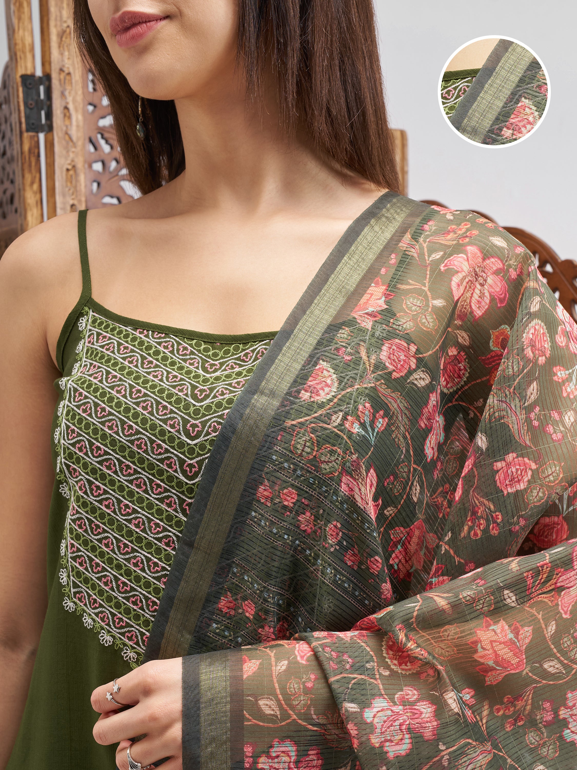 Vishudh Women Green Embroidered Kurta And Trousers With Dupatta - Green - Image 5