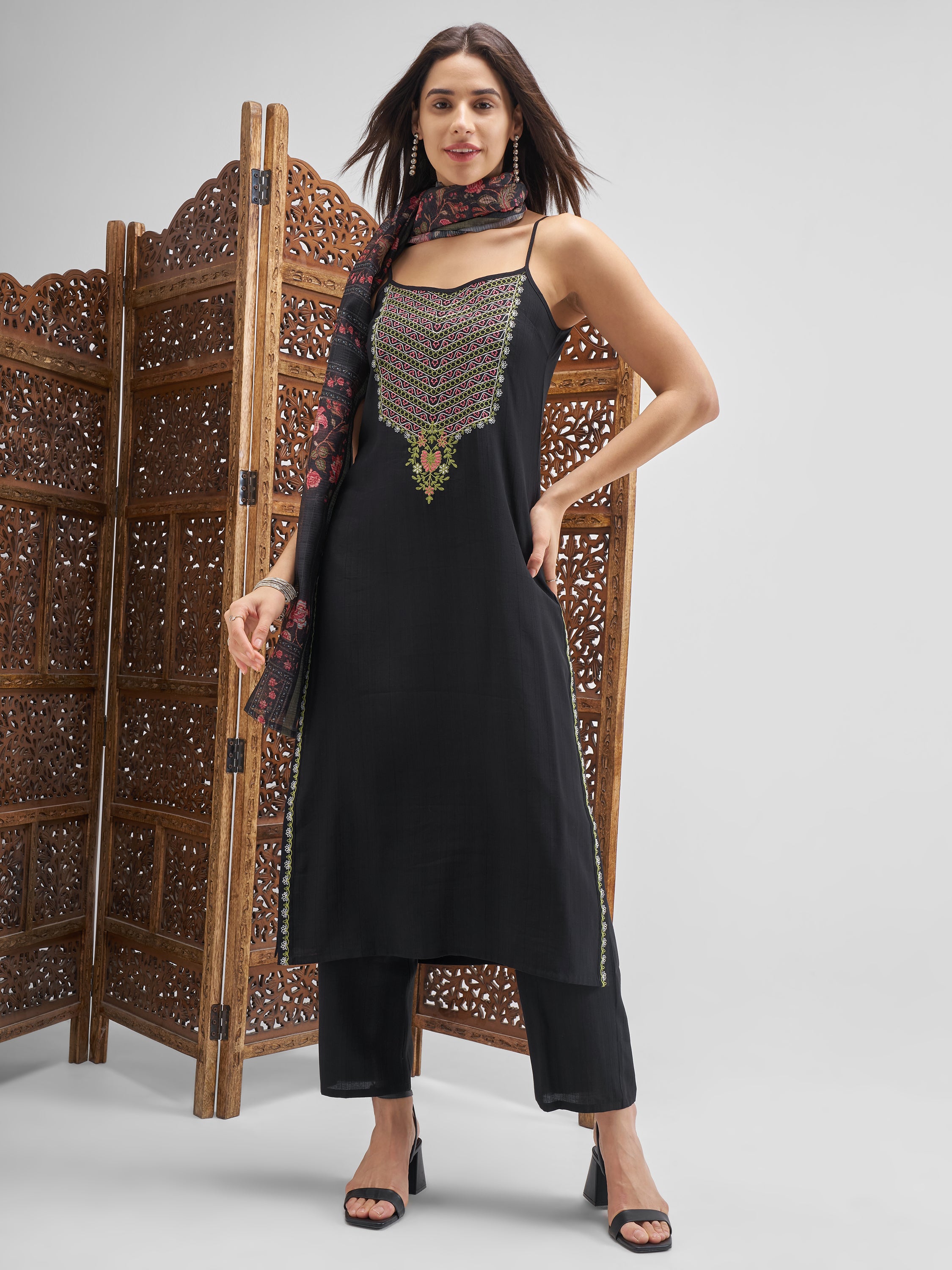 Vishudh Women Black Embroidered Kurta And Trousers With Dupatta - Black - Image 1