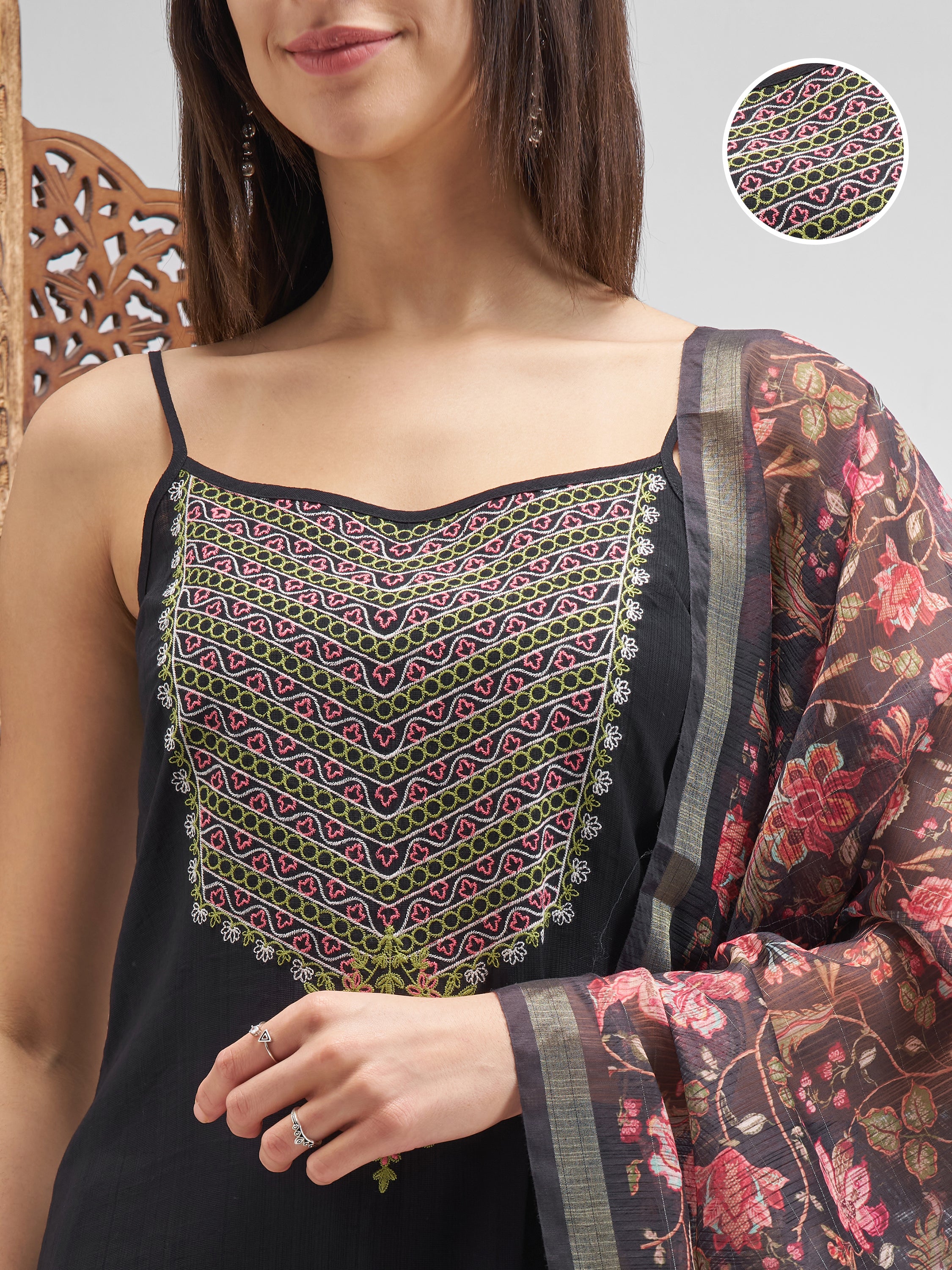 Vishudh Women Black Embroidered Kurta And Trousers With Dupatta - Black - Image 5