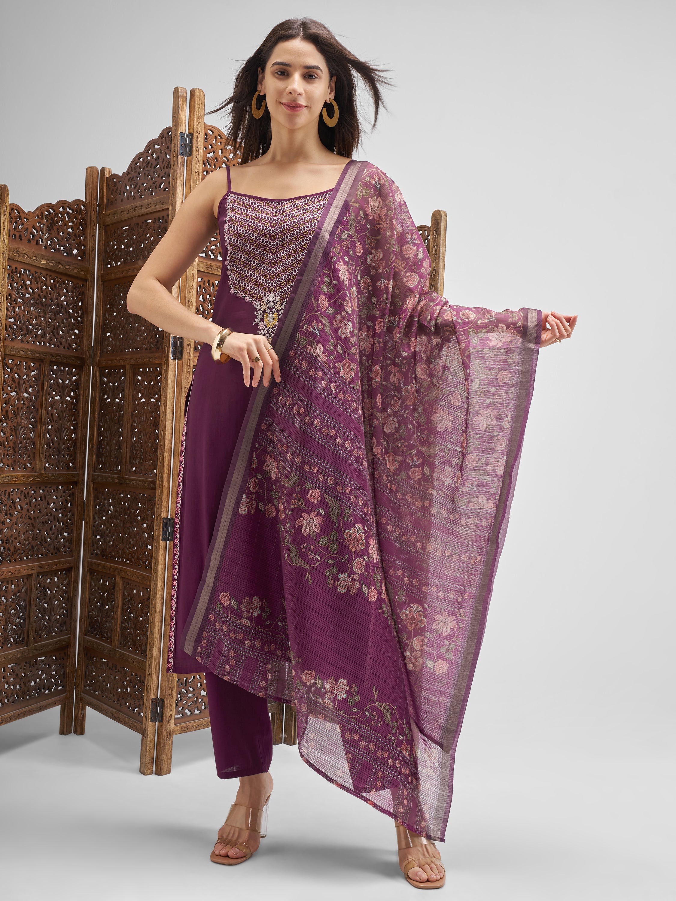 Vishudh Women Purple Embroidered Kurta And Trousers With Dupatta - Purple - Image 1