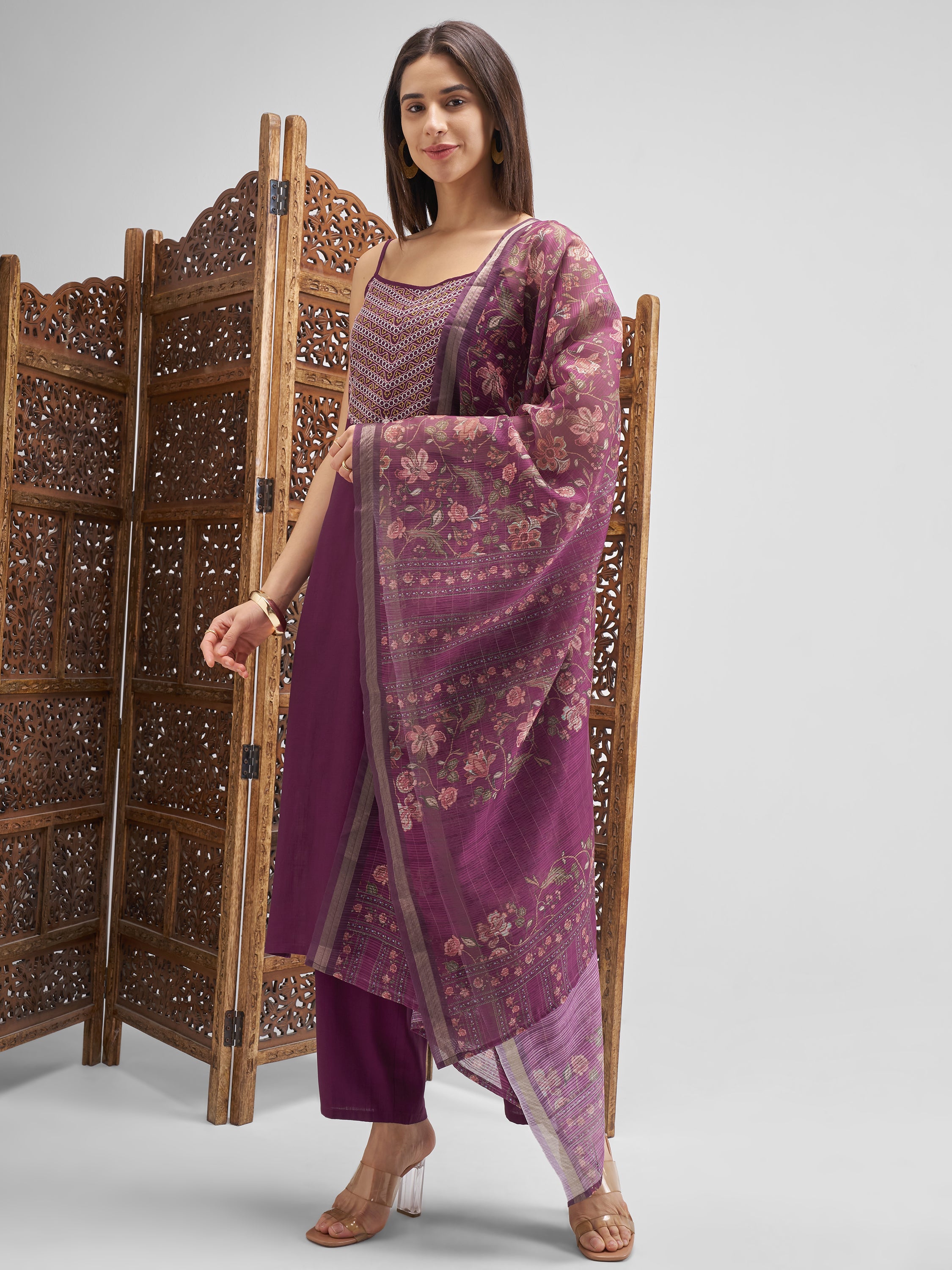 Vishudh Women Purple Embroidered Kurta And Trousers With Dupatta - Purple - Image 2