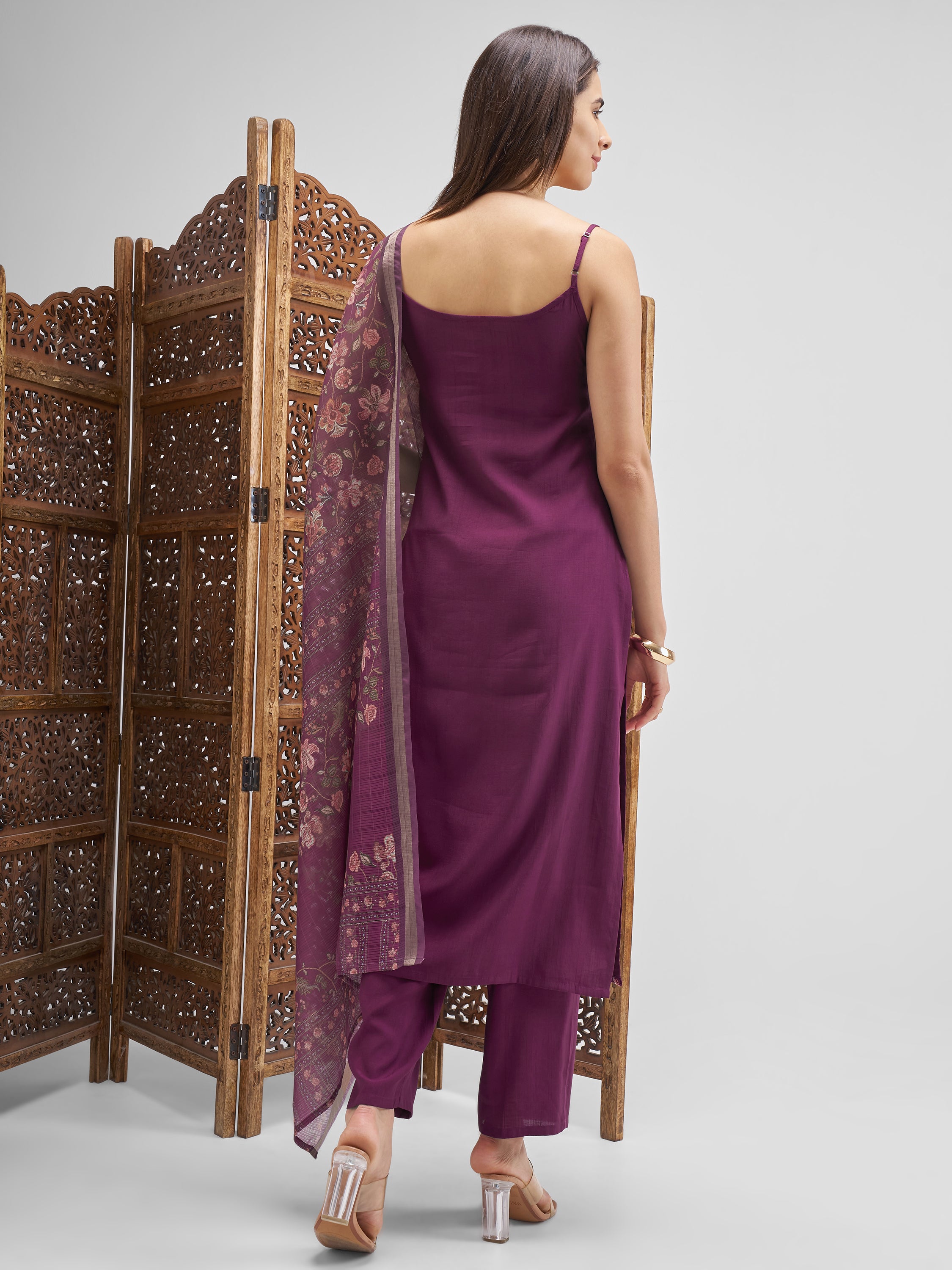 Vishudh Women Purple Embroidered Kurta And Trousers With Dupatta - Purple - Image 3