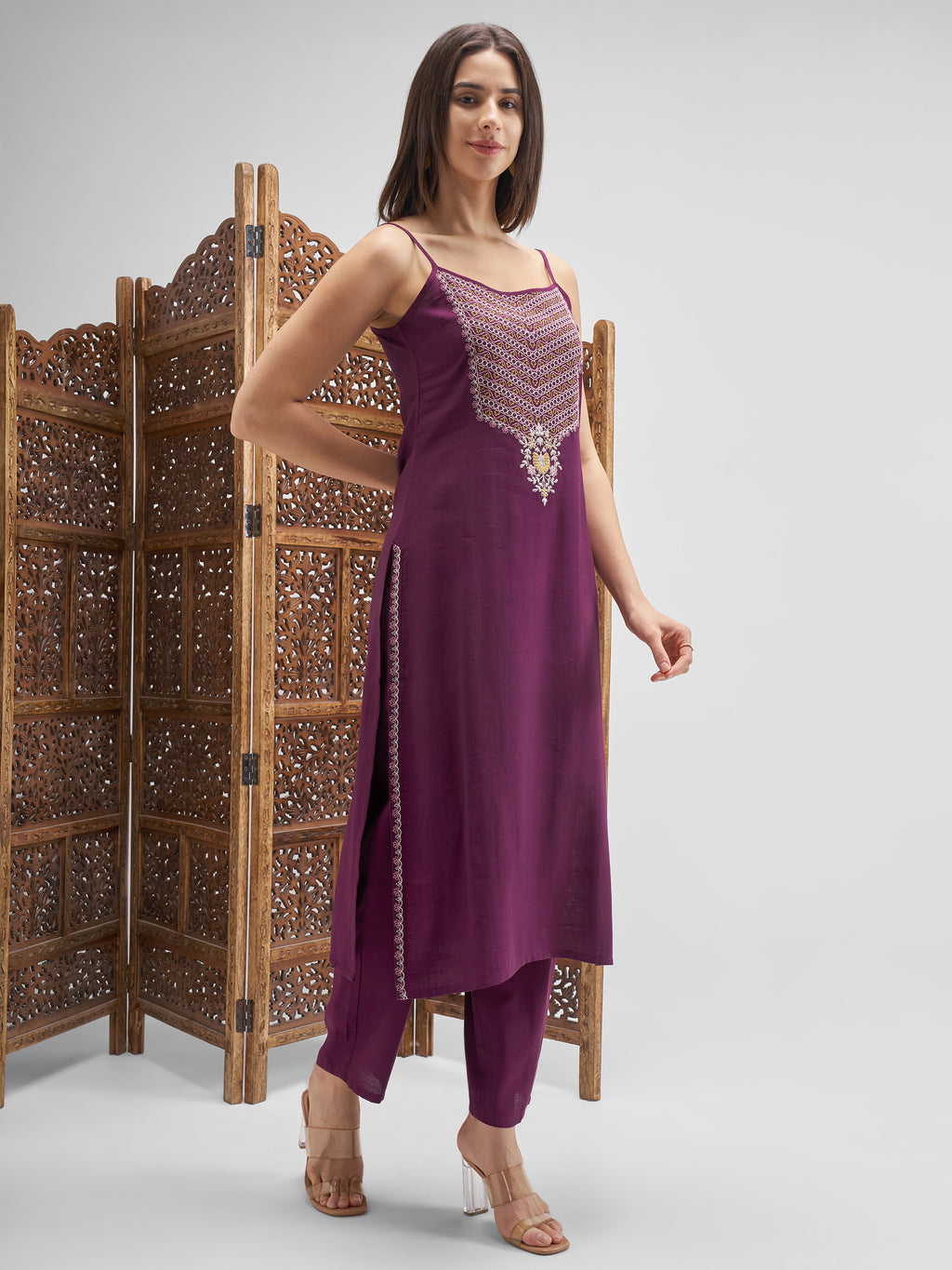 Vishudh Women Purple Embroidered Kurta And Trousers With Dupatta - Purple - Image 4