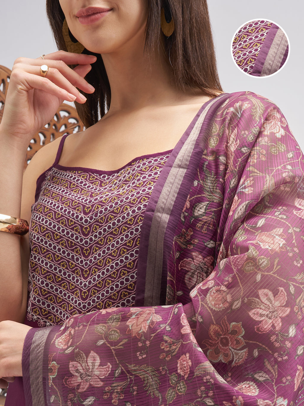 Vishudh Women Purple Embroidered Kurta And Trousers With Dupatta - Purple - Image 5