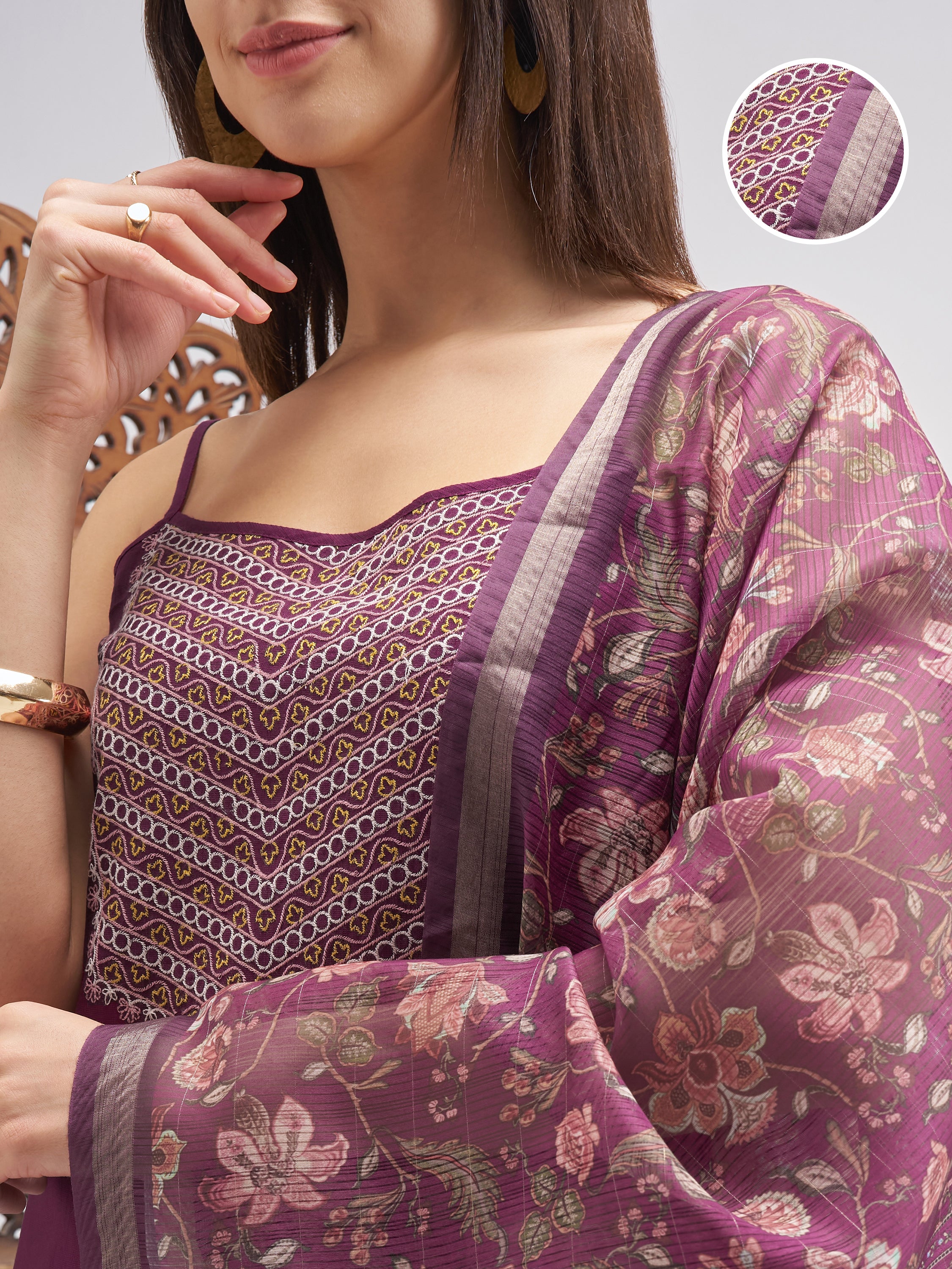 Vishudh Women Purple Embroidered Kurta And Trousers With Dupatta - Purple - Image 5