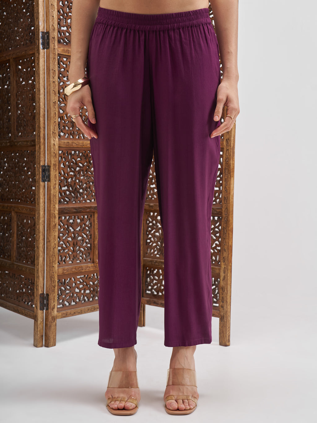 Vishudh Women Purple Embroidered Kurta And Trousers With Dupatta - Purple - Image 6