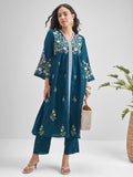 Vishudh Women Blue Embroidered Kurta With Trouser - Blue - Image 1