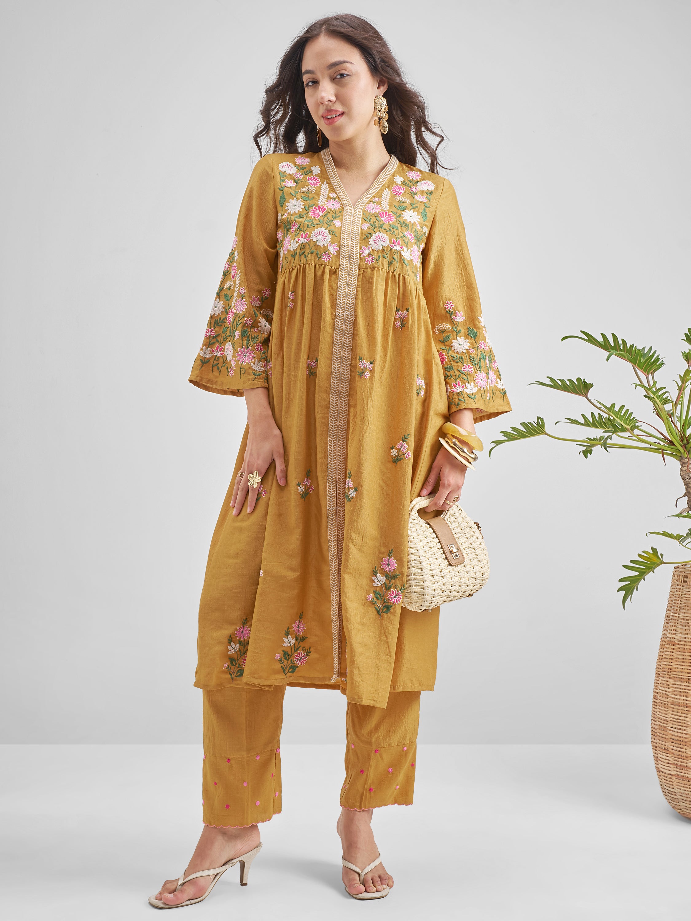 Vishudh Women Mustard Embroidered Kurta With Trouser - Mustard - Image 1