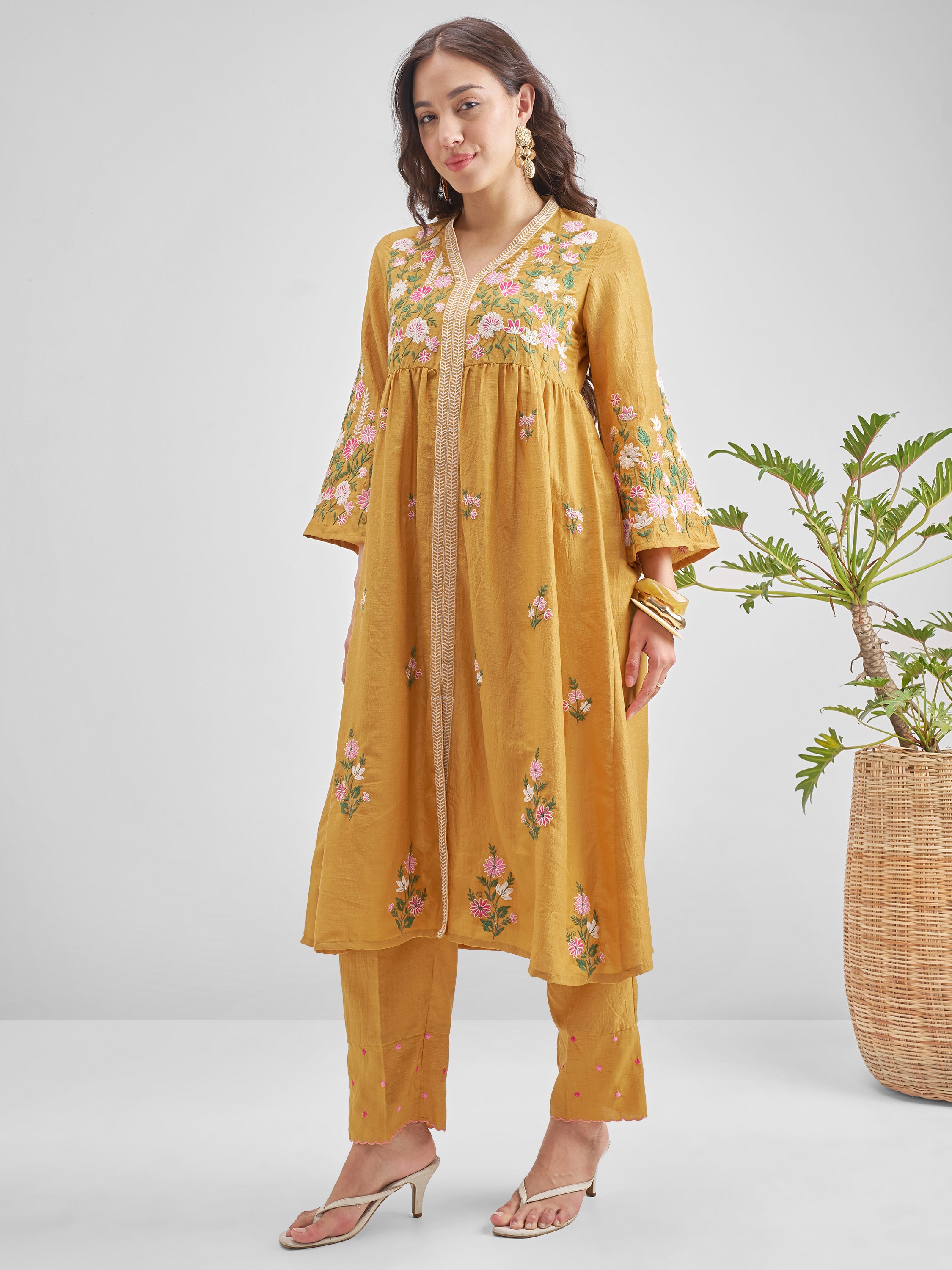 Vishudh Women Mustard Embroidered Kurta With Trouser - Mustard - Image 2