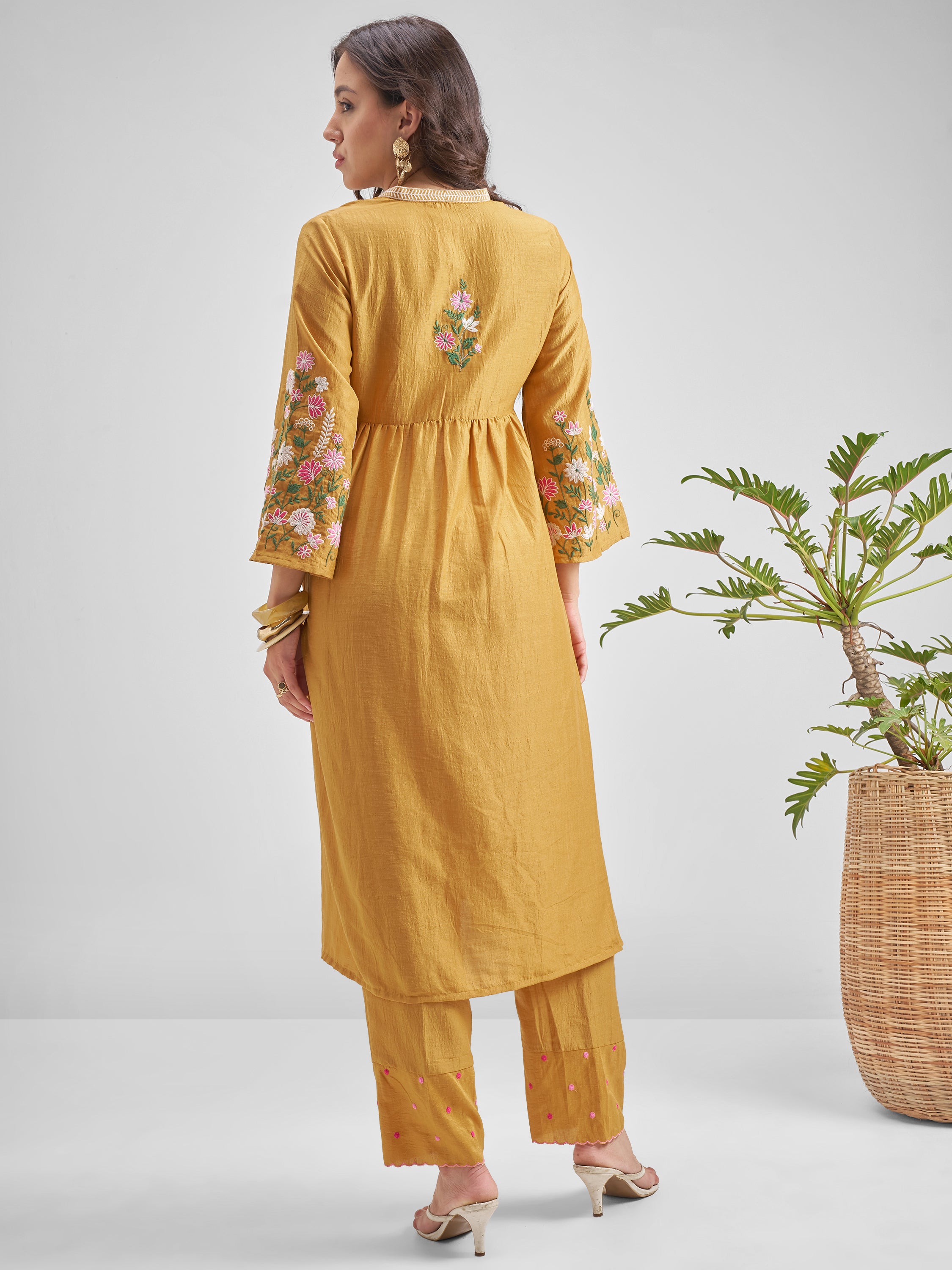 Vishudh Women Mustard Embroidered Kurta With Trouser - Mustard - Image 3