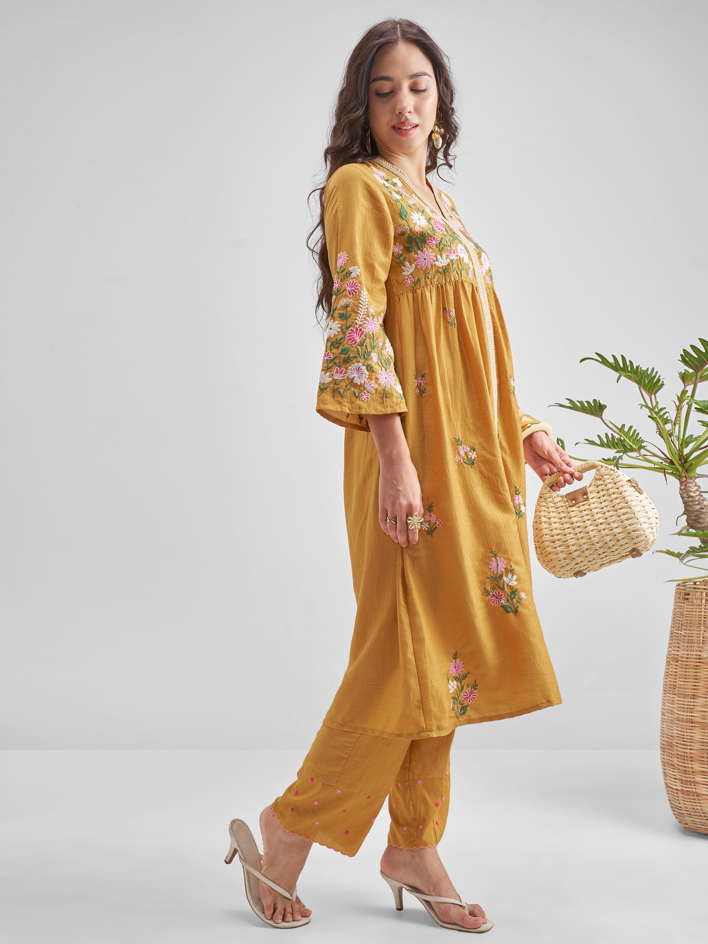 Vishudh Women Mustard Embroidered Kurta With Trouser - Mustard - Image 4