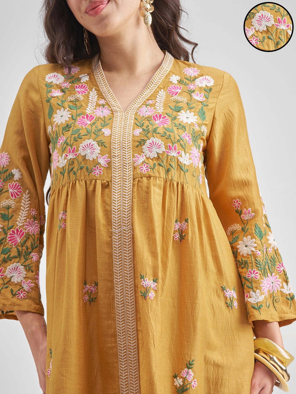 Vishudh Women Mustard Embroidered Kurta With Trouser - Mustard - Image 5