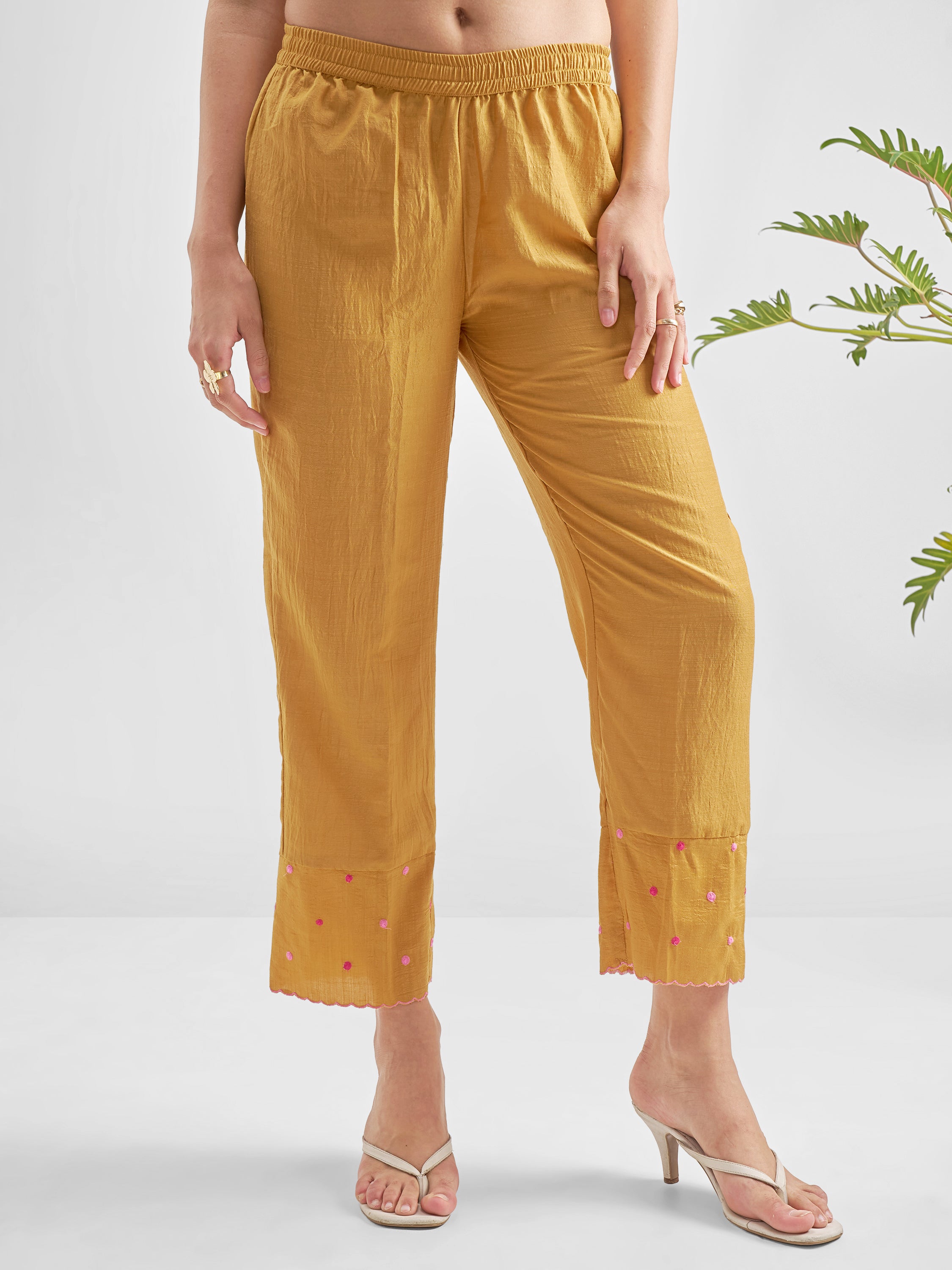 Vishudh Women Mustard Embroidered Kurta With Trouser - Mustard - Image 7
