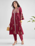 Vishudh Women Maroon Embroidered Kurta With Trouser - Maroon - Image 1