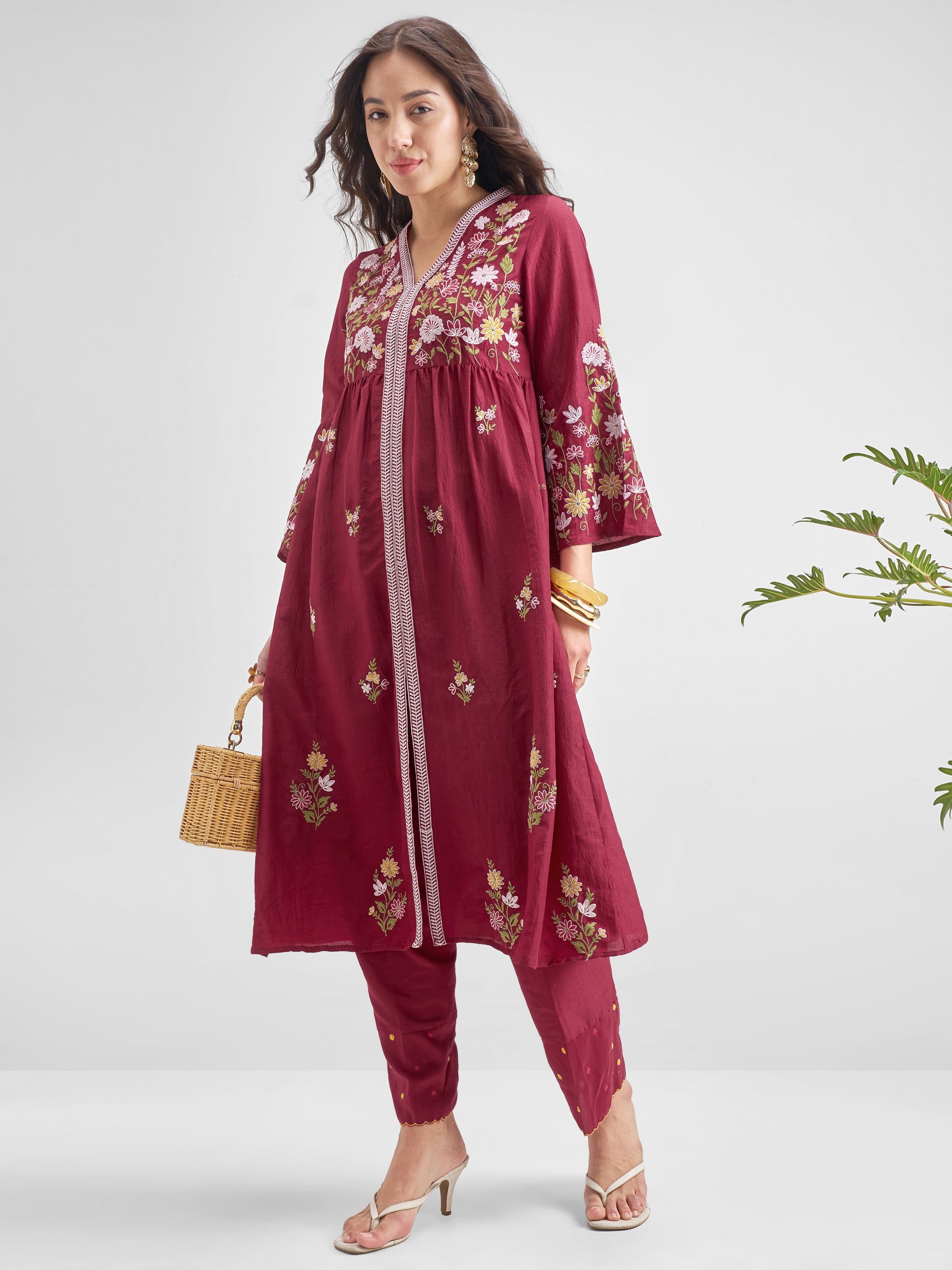 Vishudh Women Maroon Embroidered Kurta With Trouser - Maroon - Image 1