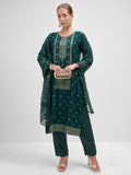 Vishudh Women Teal Embroidered Kurta And Trouser With Dupatta - Teal - Image 1