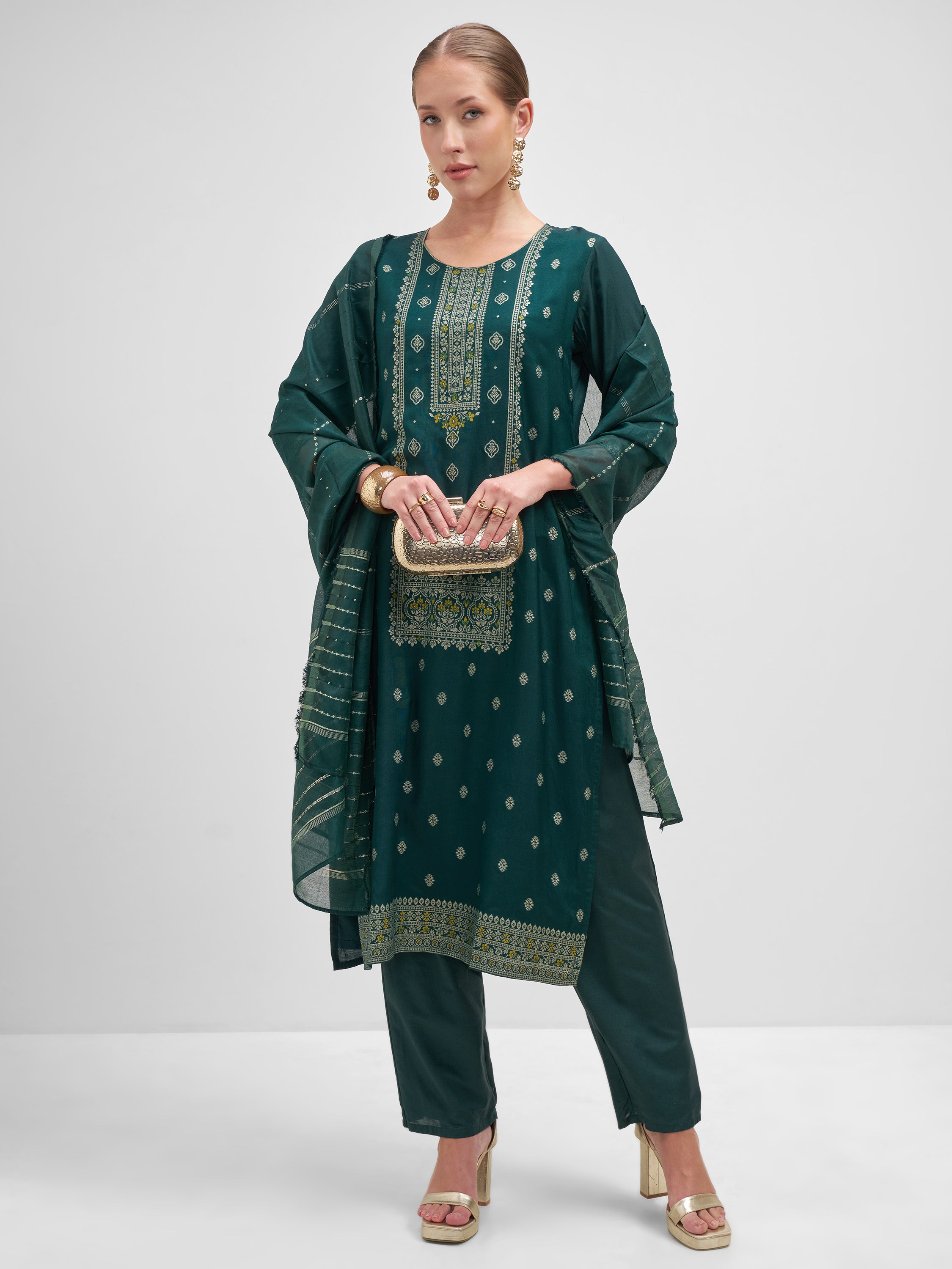 Vishudh Women Teal Embroidered Kurta And Trouser With Dupatta - Teal - Image 1