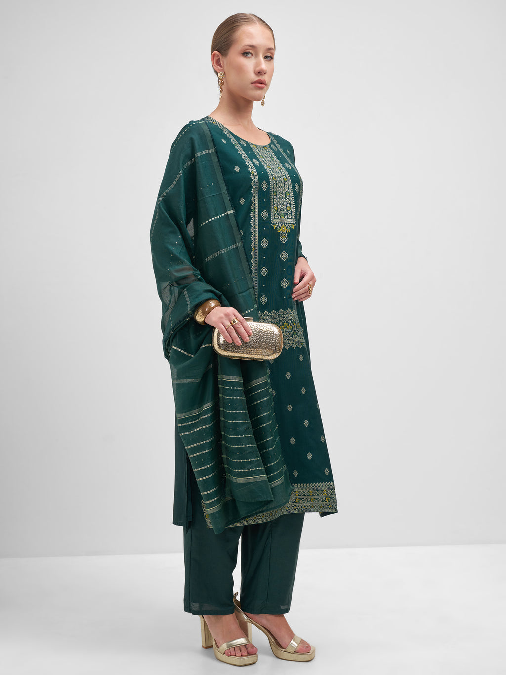 Vishudh Women Teal Embroidered Kurta And Trouser With Dupatta - Teal - Image 4