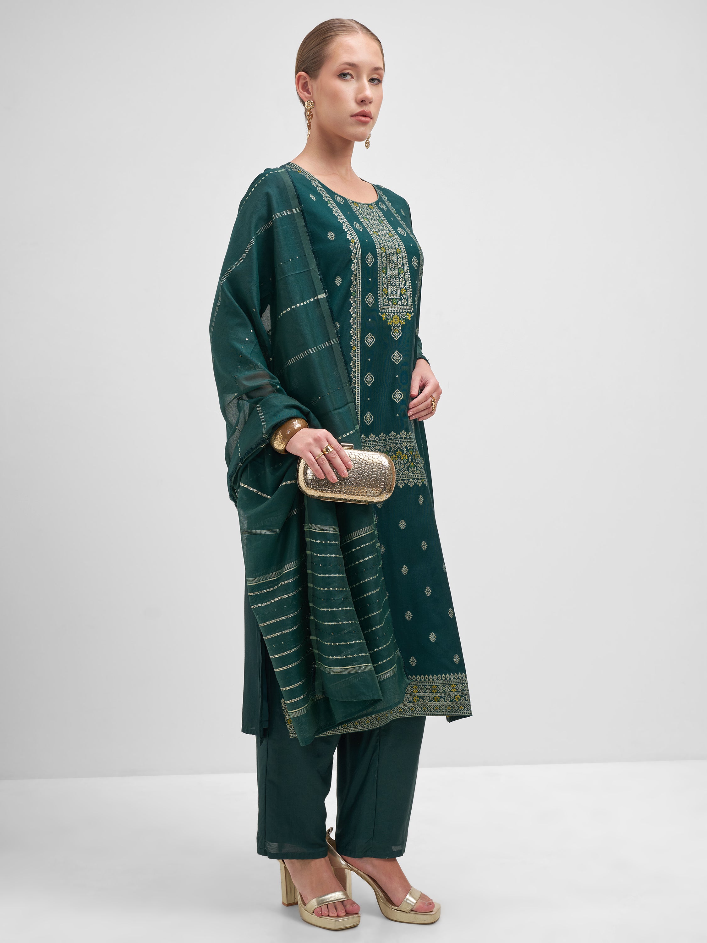 Vishudh Women Teal Embroidered Kurta And Trouser With Dupatta - Teal - Image 4
