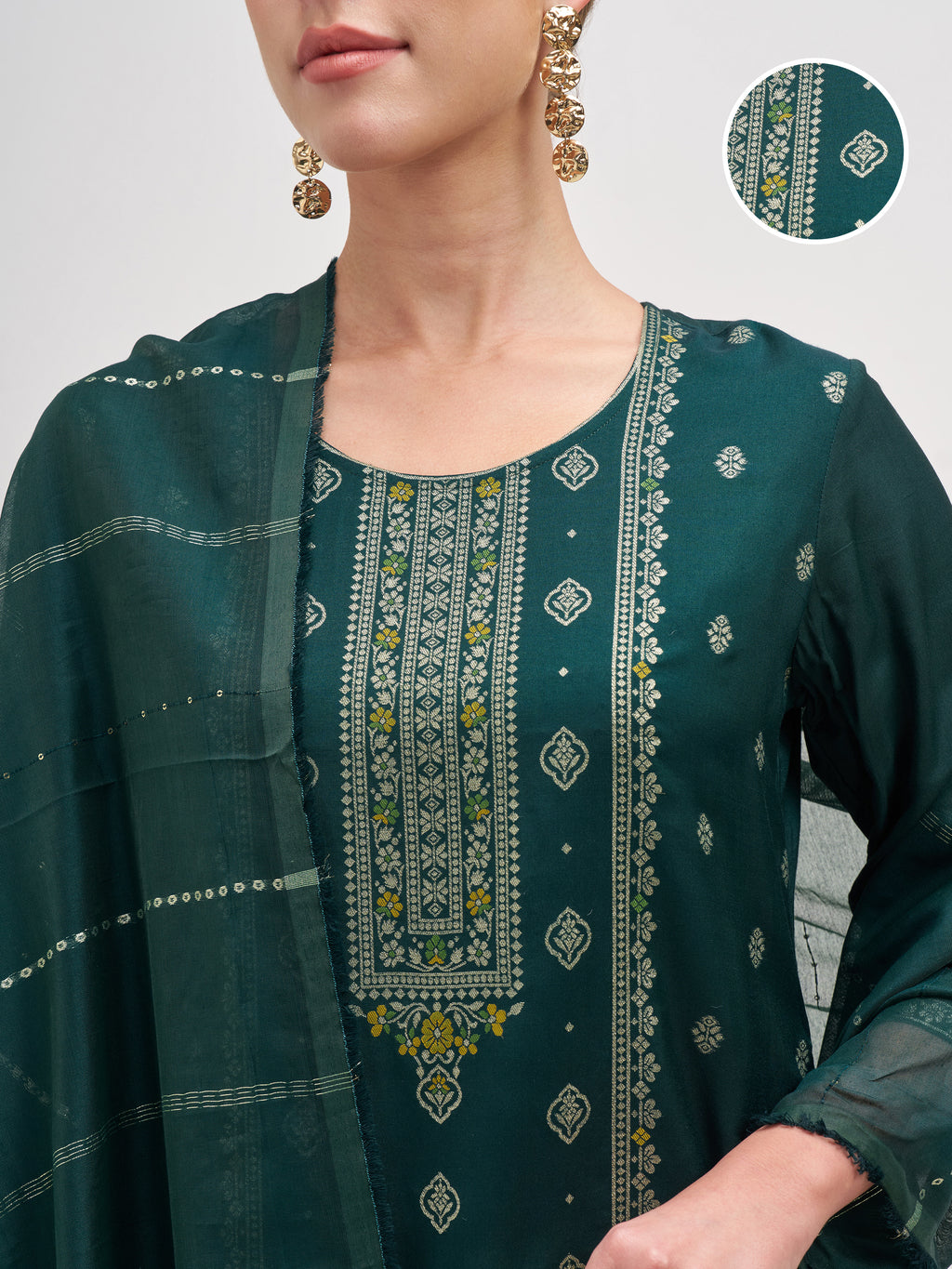 Vishudh Women Teal Embroidered Kurta And Trouser With Dupatta - Teal - Image 5