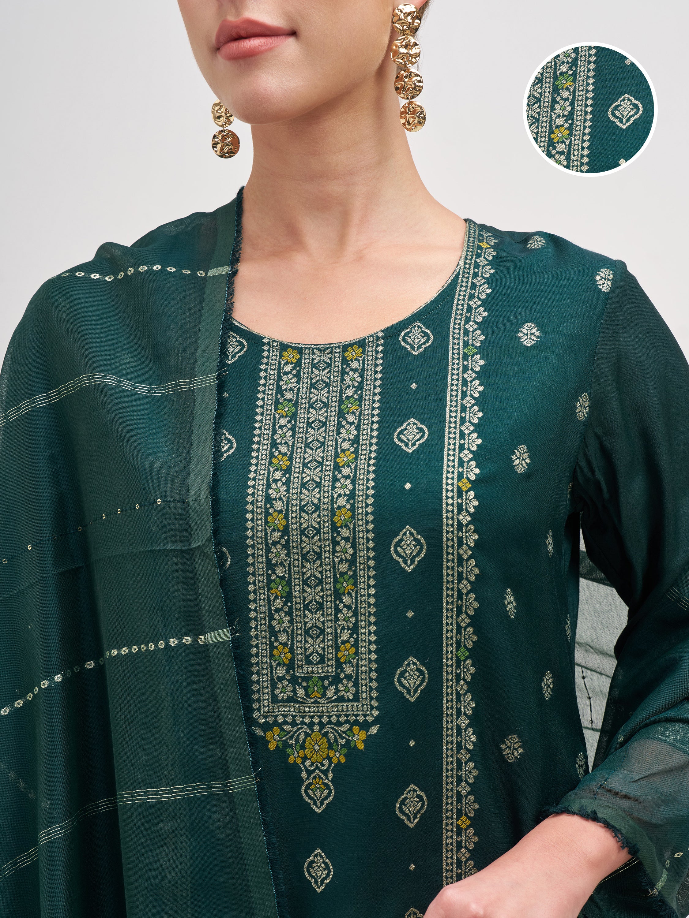 Vishudh Women Teal Embroidered Kurta And Trouser With Dupatta - Teal - Image 5