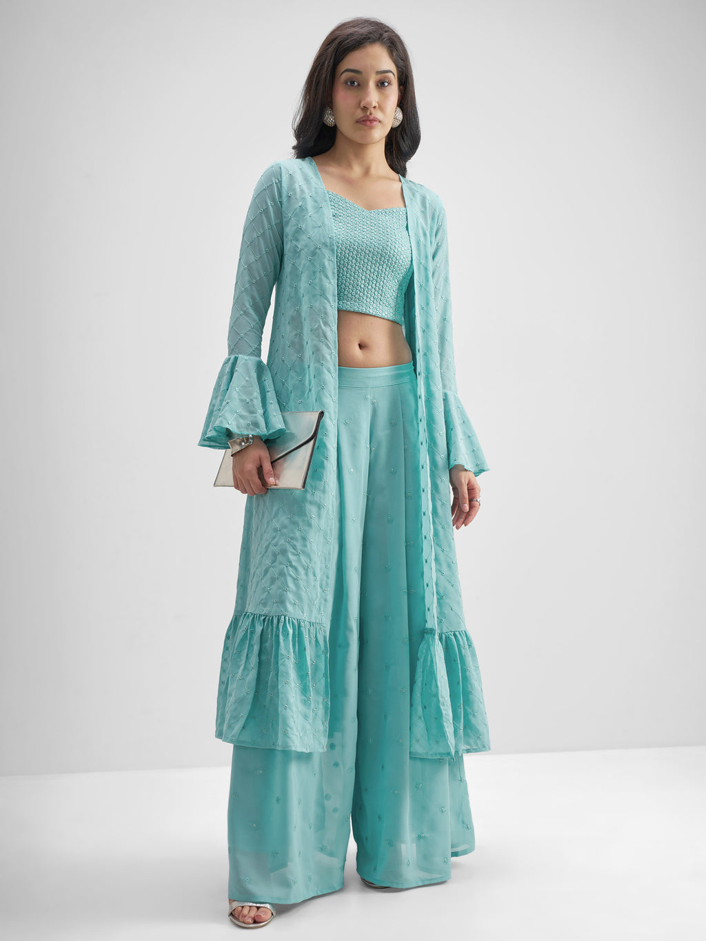 Vishudh Women Turquoise Top With Palazzo And Shrug Co-Ords - Turquoise - Image 1