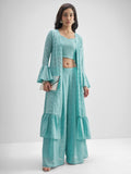 Vishudh Women Turquoise Top With Palazzo And Shrug Co-Ords - Turquoise - Image 1