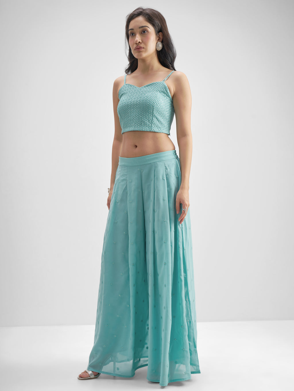 Vishudh Women Turquoise Top With Palazzo And Shrug Co-Ords - Turquoise - Image 2