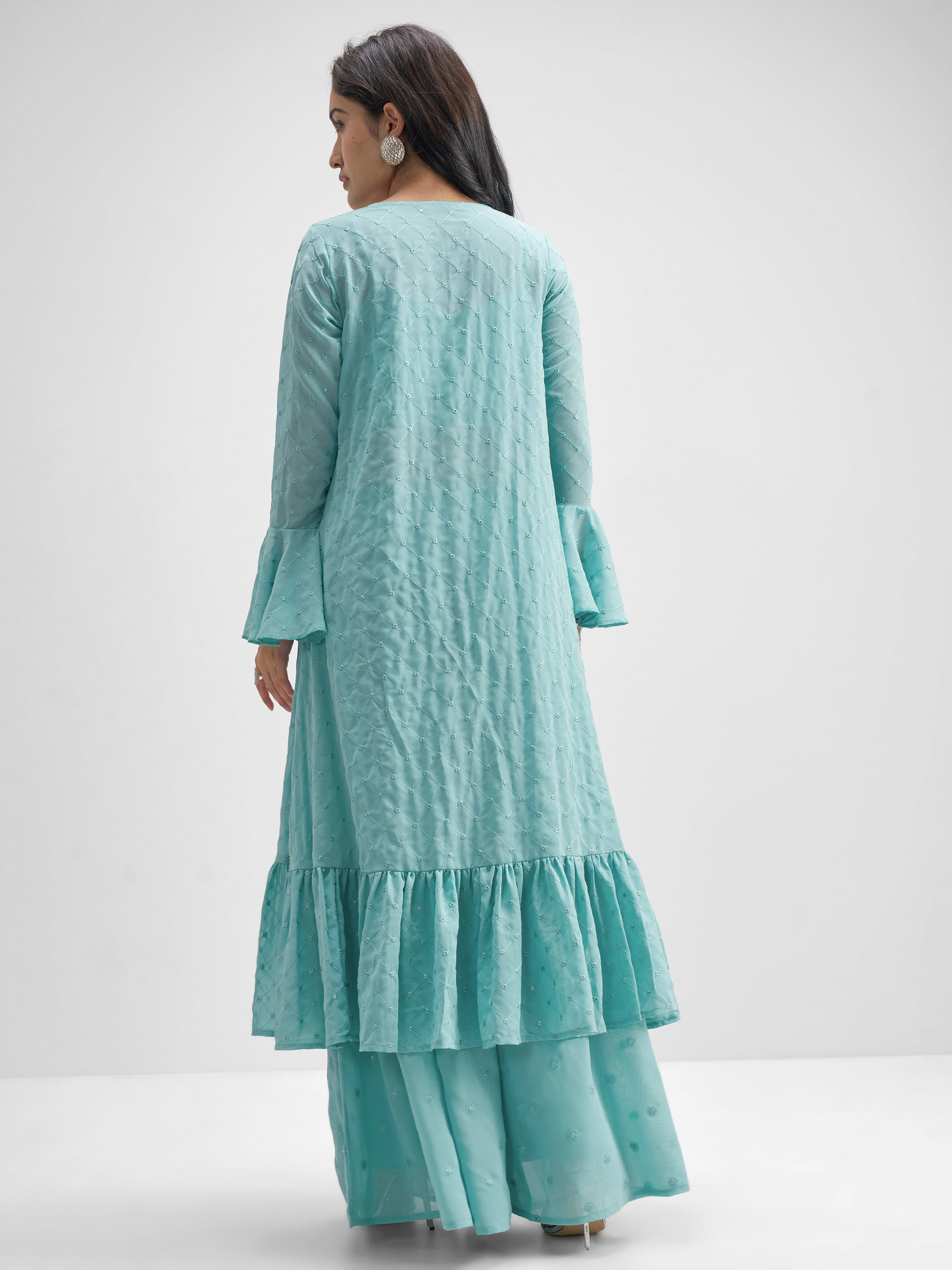Vishudh Women Turquoise Top With Palazzo And Shrug Co-Ords - Turquoise - Image 3