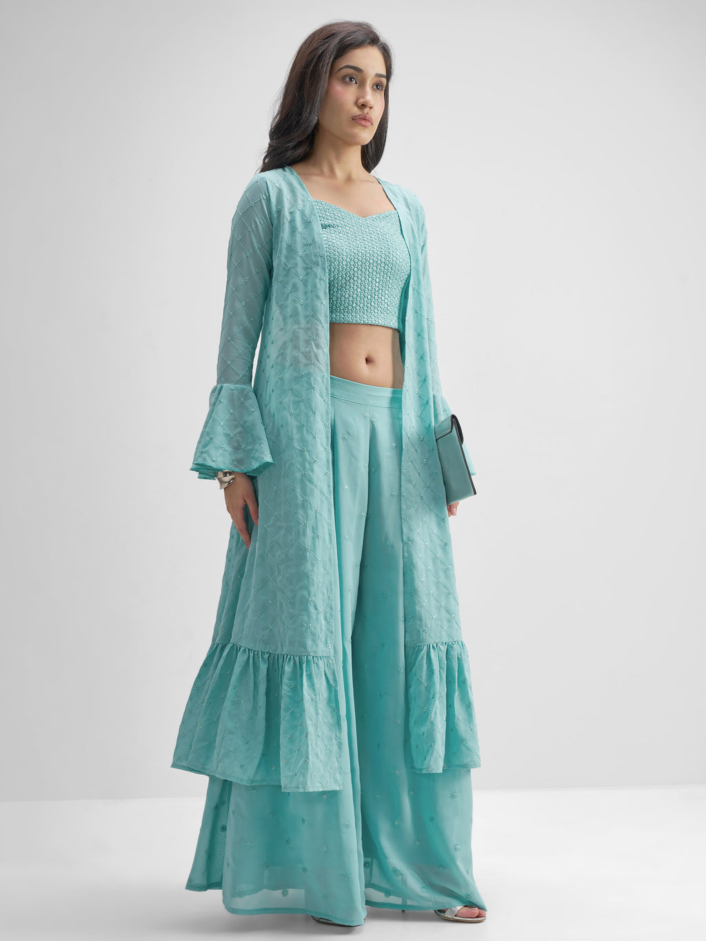 Vishudh Women Turquoise Top With Palazzo And Shrug Co-Ords - Turquoise - Image 4