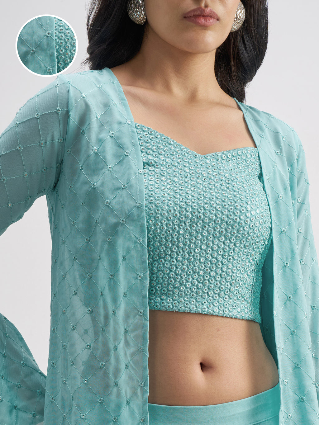 Vishudh Women Turquoise Top With Palazzo And Shrug Co-Ords - Turquoise - Image 5