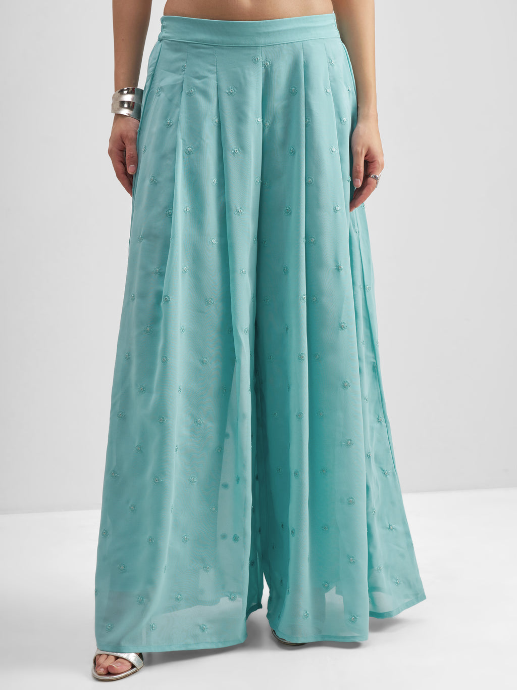 Vishudh Women Turquoise Top With Palazzo And Shrug Co-Ords - Turquoise - Image 6