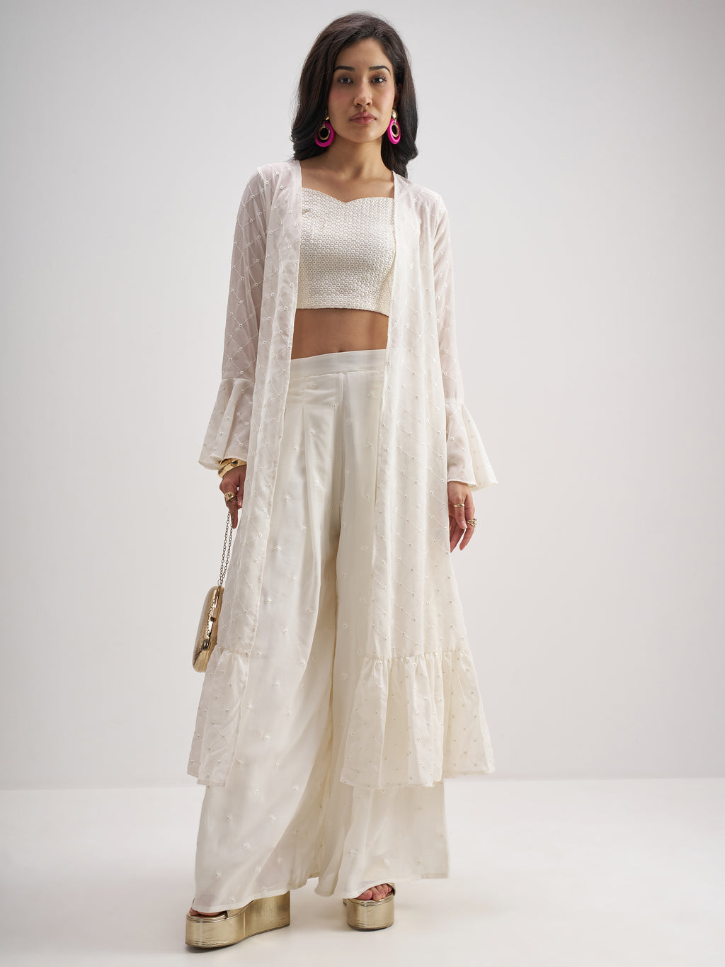 Vishudh Women Off White Top With Palazzo And Shrug Co-Ords - Off White - Image 1