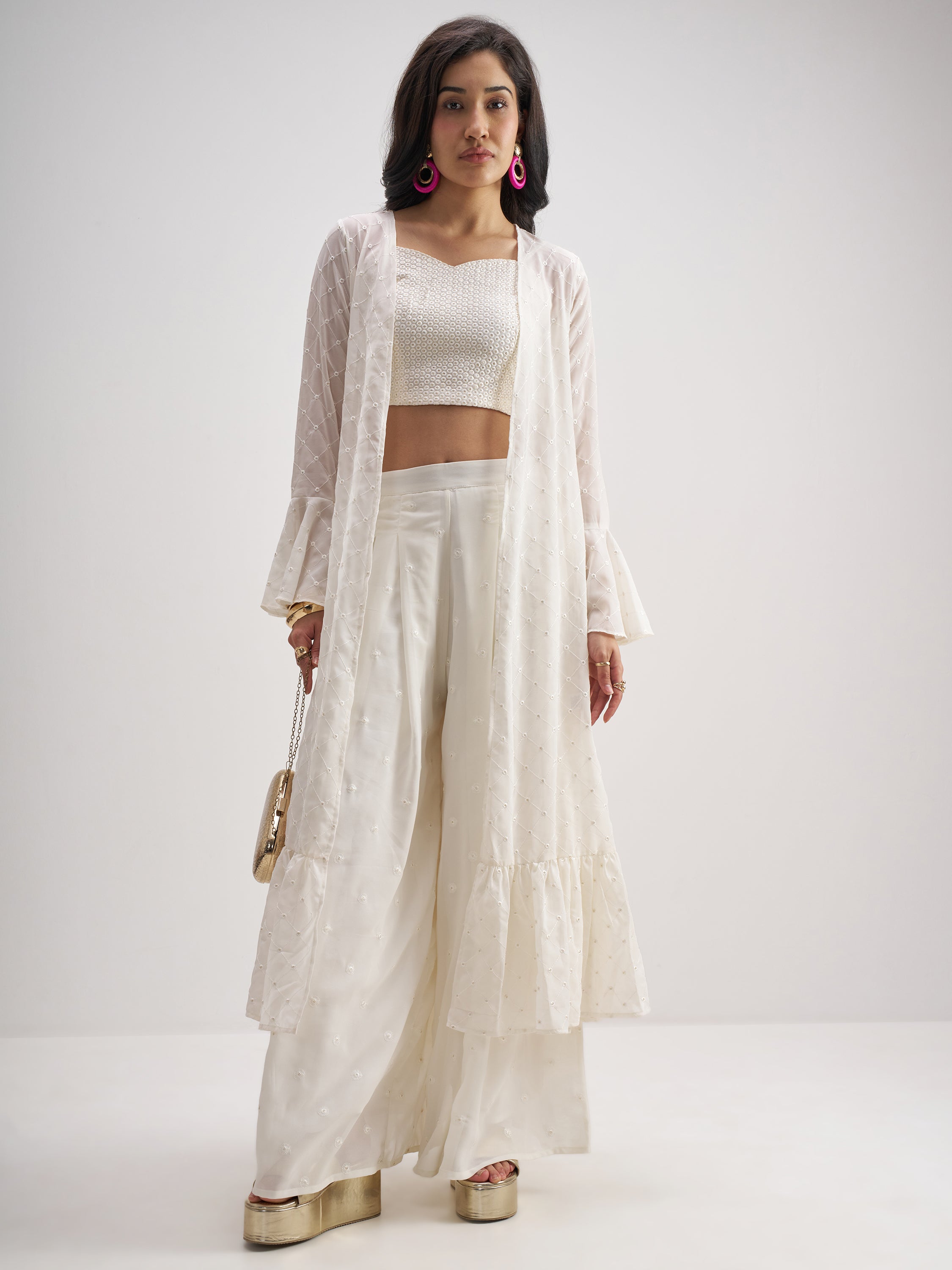 Vishudh Women Off White Top With Palazzo And Shrug Co-Ords - Off White - Image 1