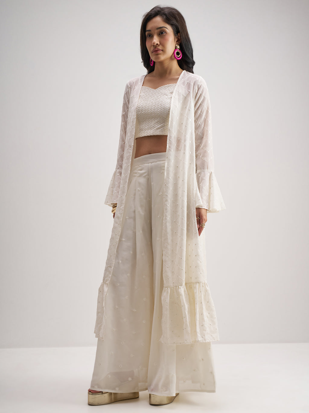 Vishudh Women Off White Top With Palazzo And Shrug Co-Ords - Off White - Image 2