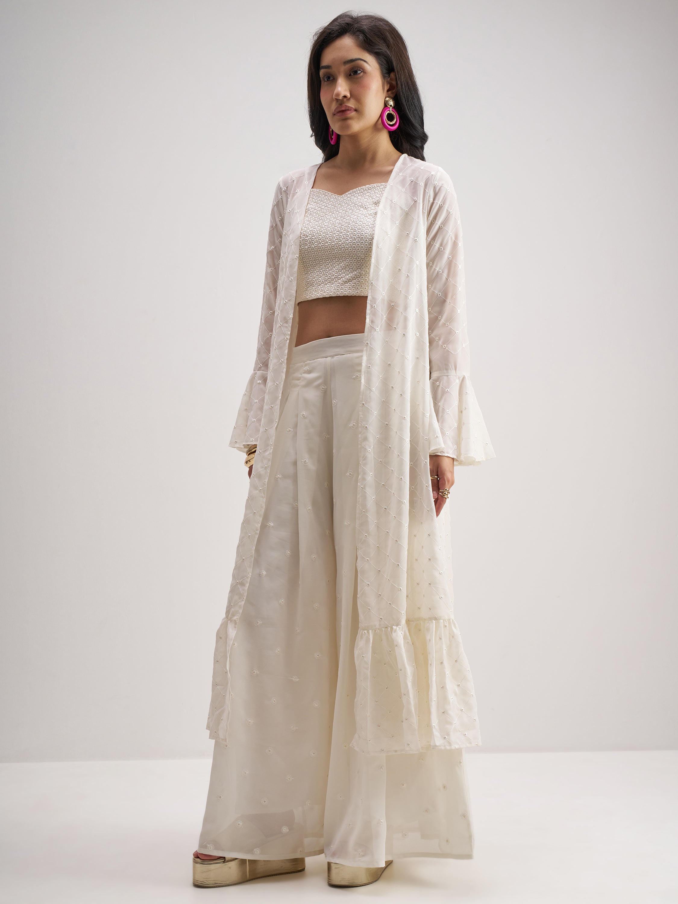 Vishudh Women Off White Top With Palazzo And Shrug Co-Ords - Off White - Image 2