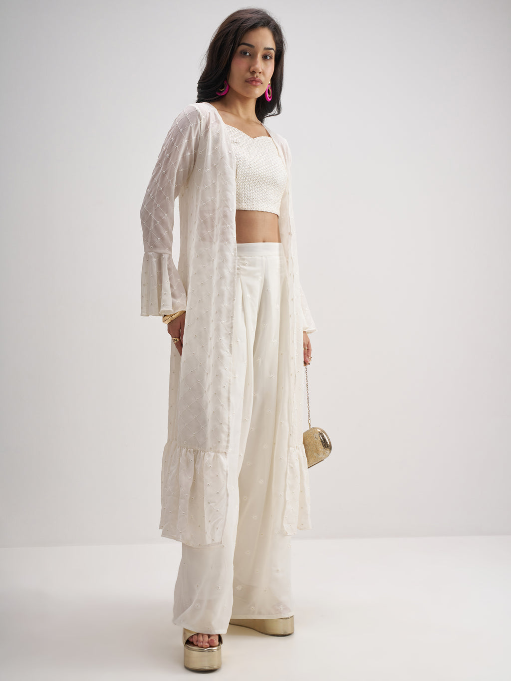 Vishudh Women Off White Top With Palazzo And Shrug Co-Ords - Off White - Image 4