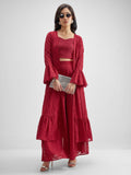 Vishudh Women Red Top With Palazzo And Shrug Co-Ords - Red - Image 1