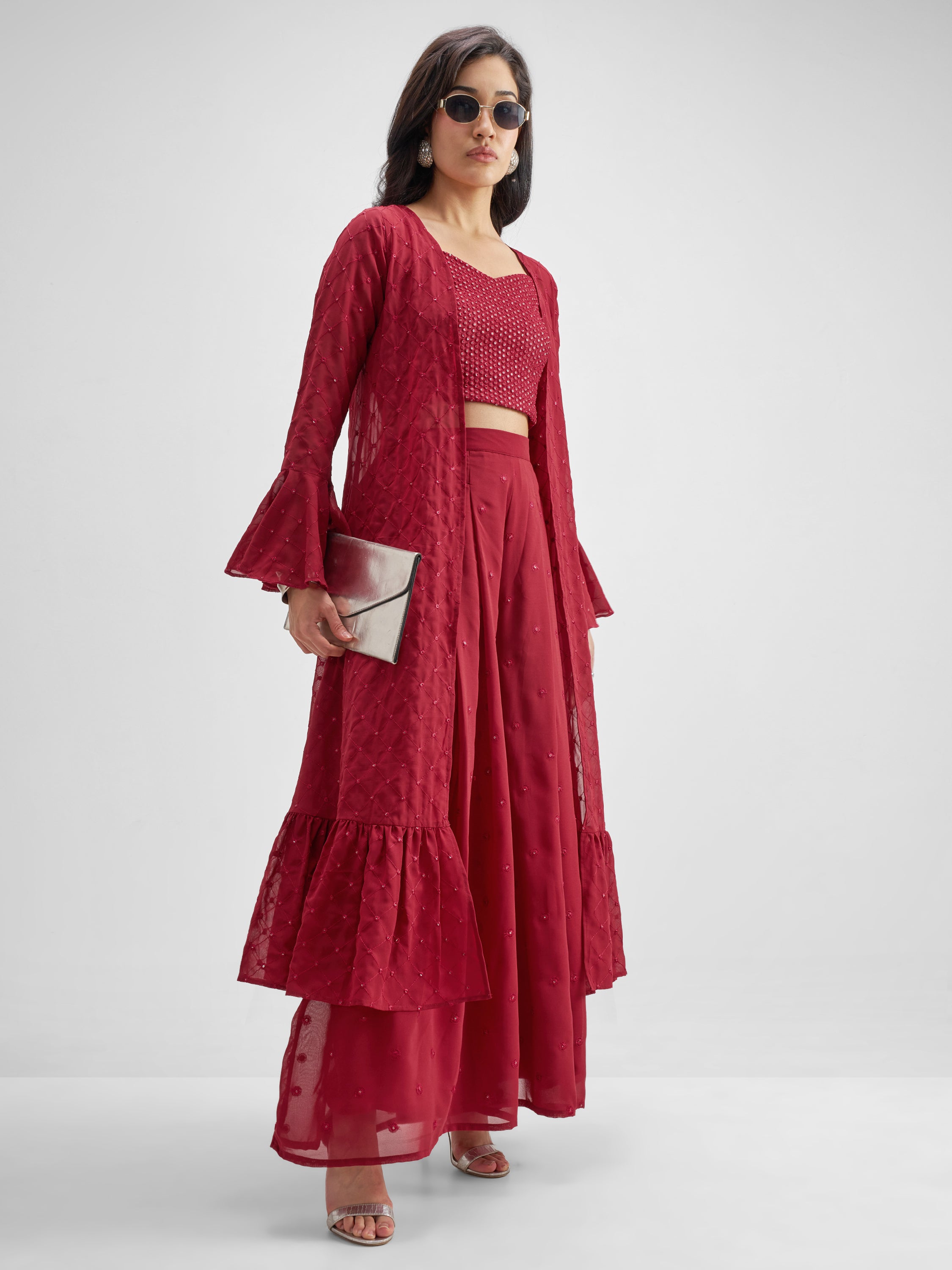 Vishudh Women Red Top With Palazzo And Shrug Co-Ords - Red - Image 2