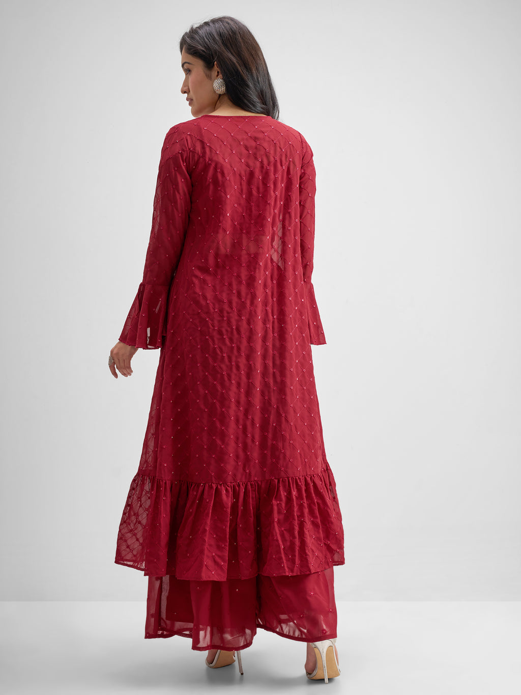 Vishudh Women Red Top With Palazzo And Shrug Co-Ords - Red - Image 3