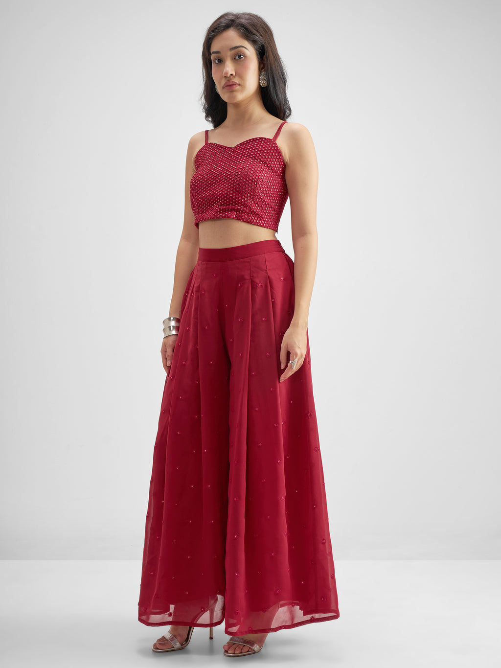 Vishudh Women Red Top With Palazzo And Shrug Co-Ords - Red - Image 4