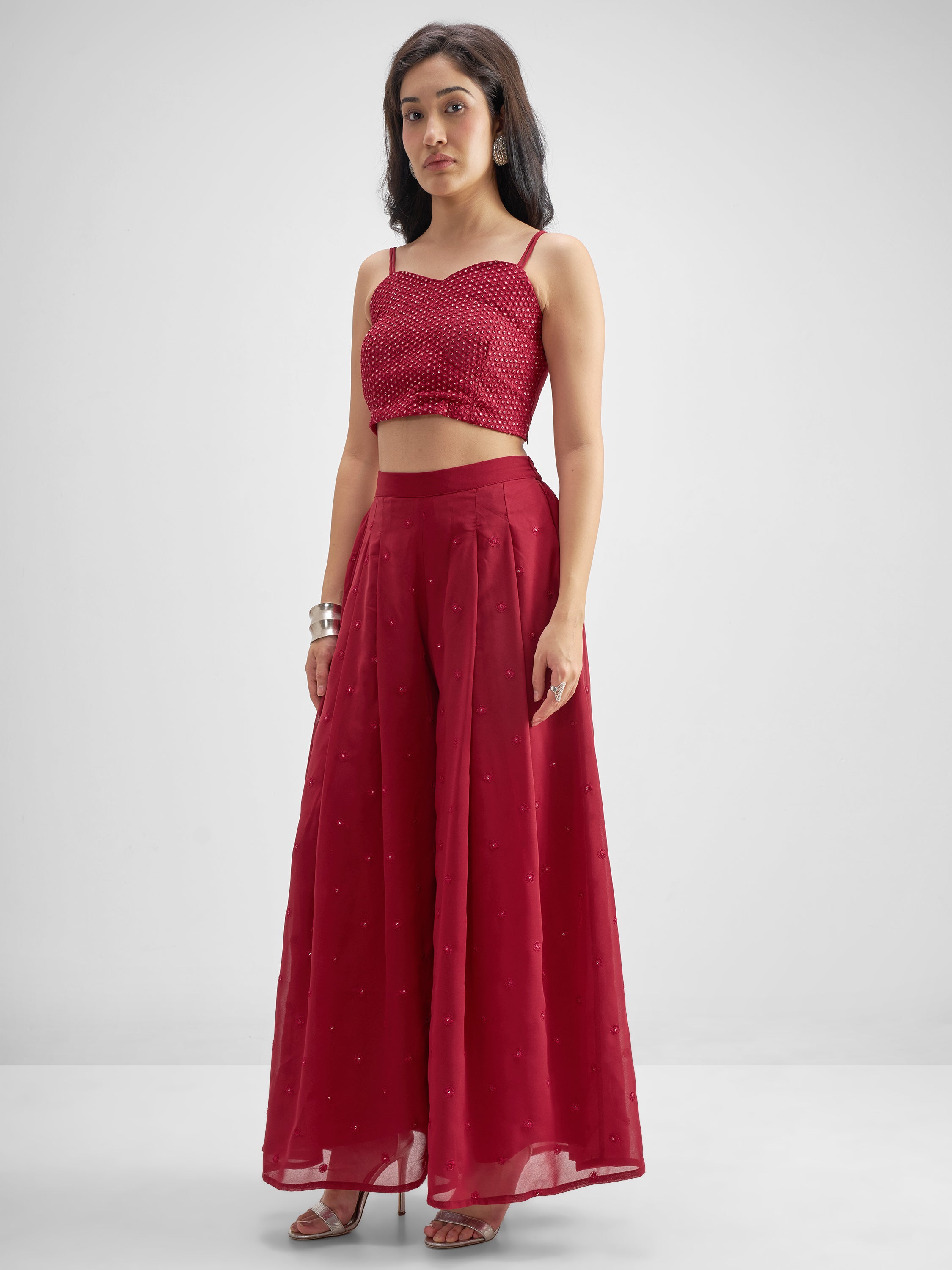 Vishudh Women Red Top With Palazzo And Shrug Co-Ords - Red - Image 4