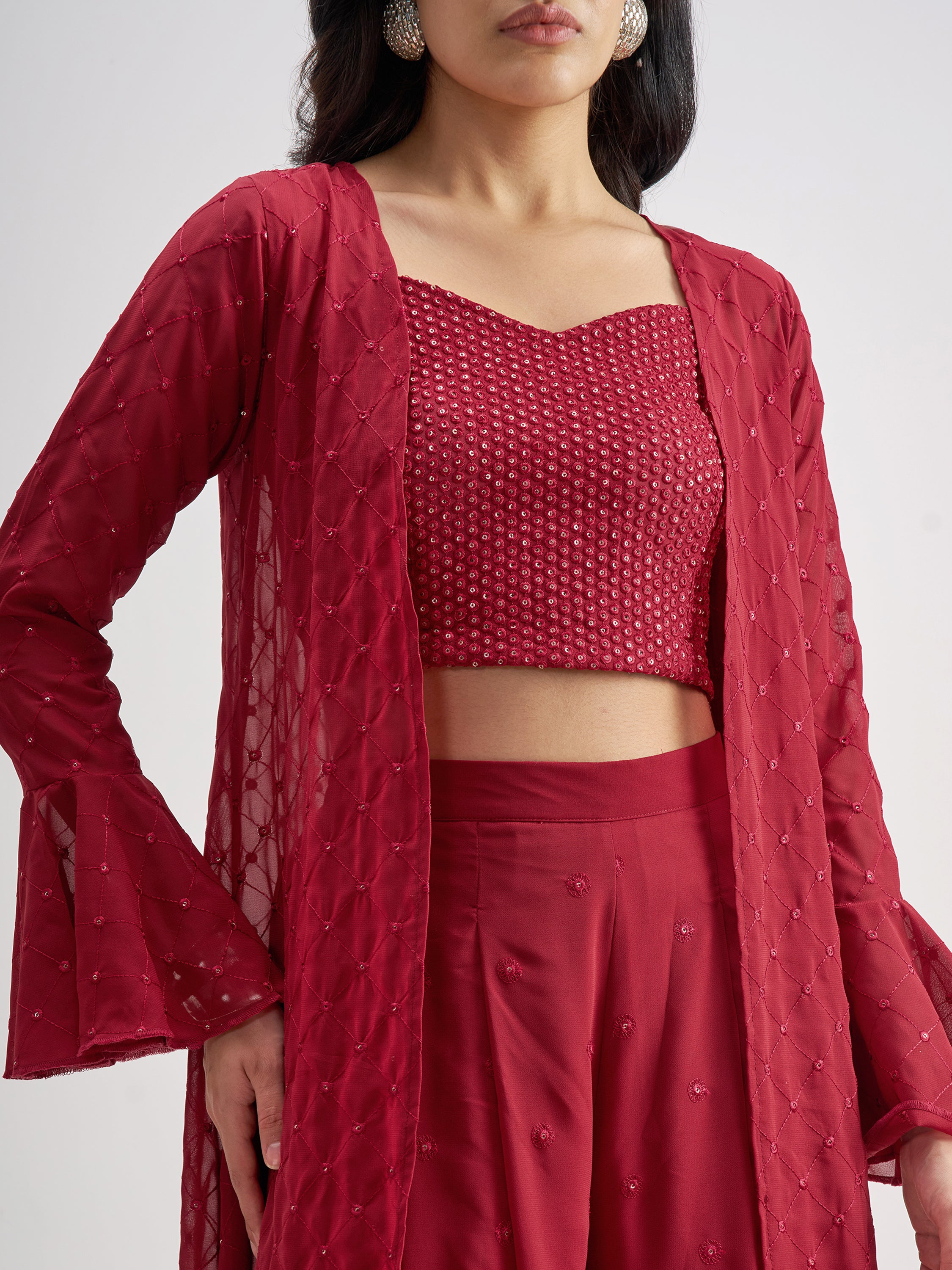 Vishudh Women Red Top With Palazzo And Shrug Co-Ords - Red - Image 5