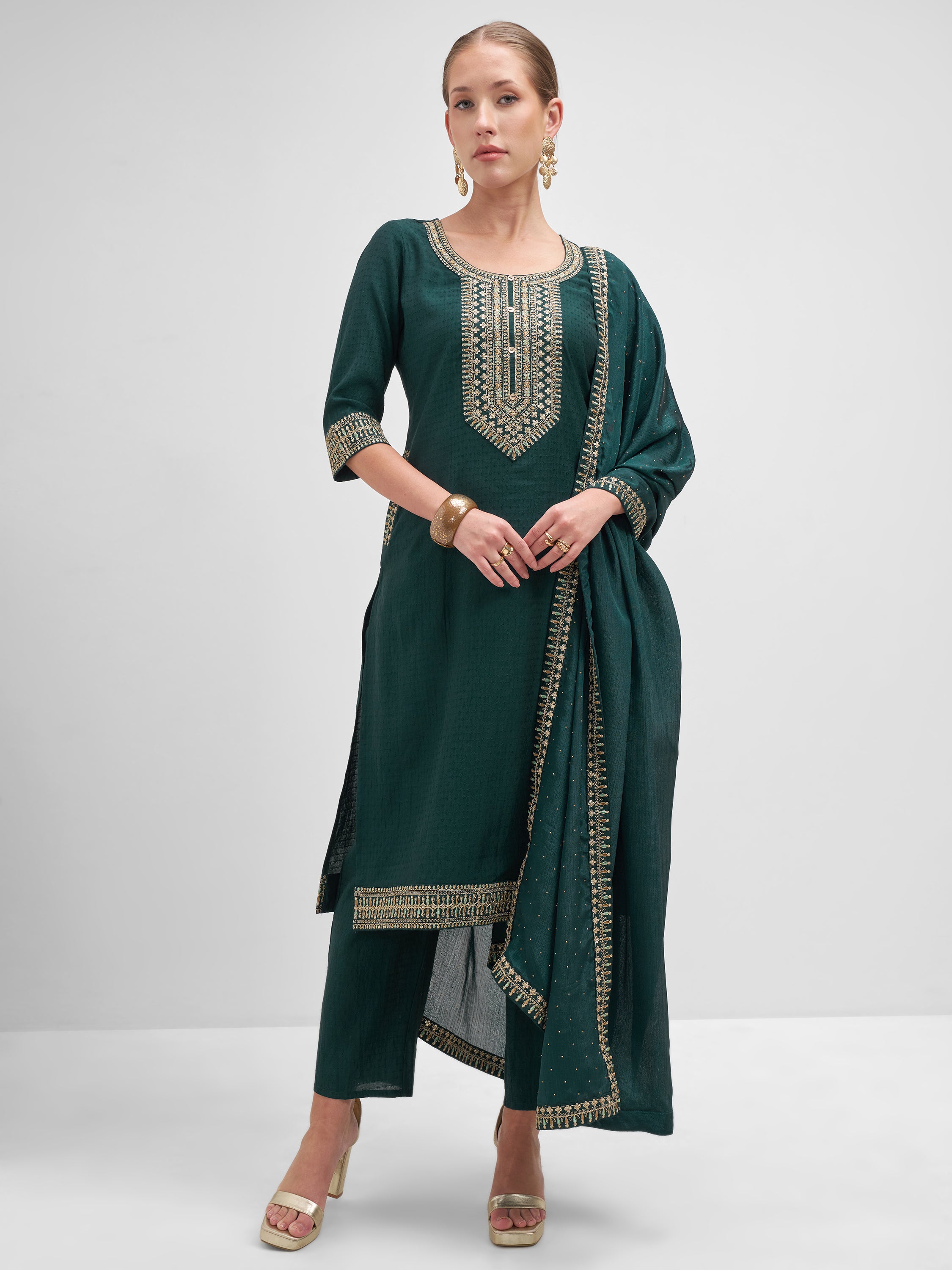 Vishudh Women Teal Embroidered Kurta And Trouser With Dupatta - Teal - Image 1